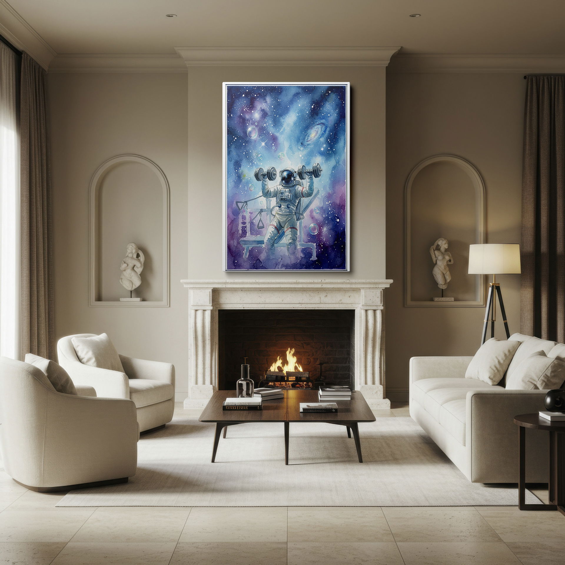 A vibrant galaxy is the backdrop for an astronaut lifting weights in this captivating wall art.
