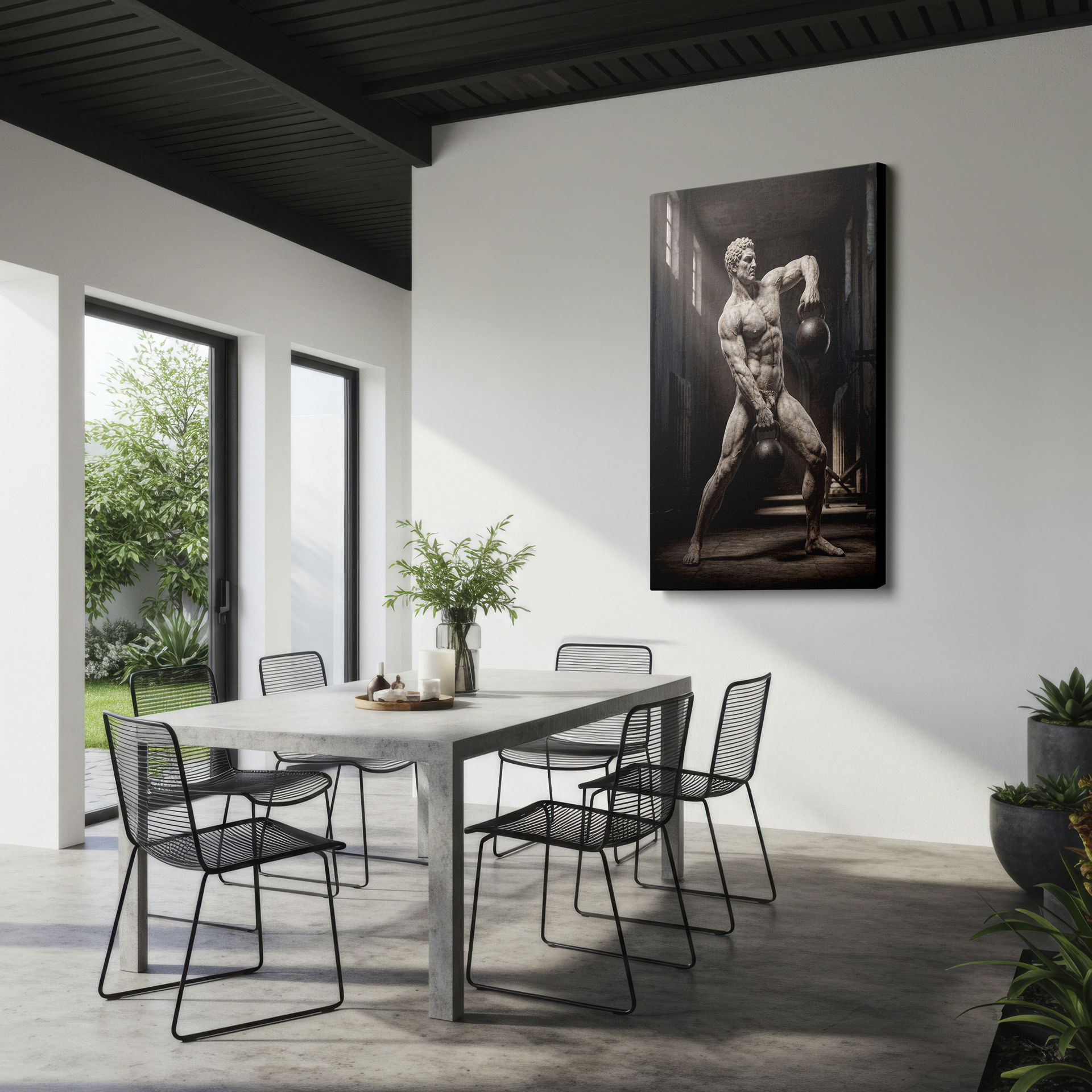 Timeless representation of strength: a marble athlete lifting weights presented as wall art.