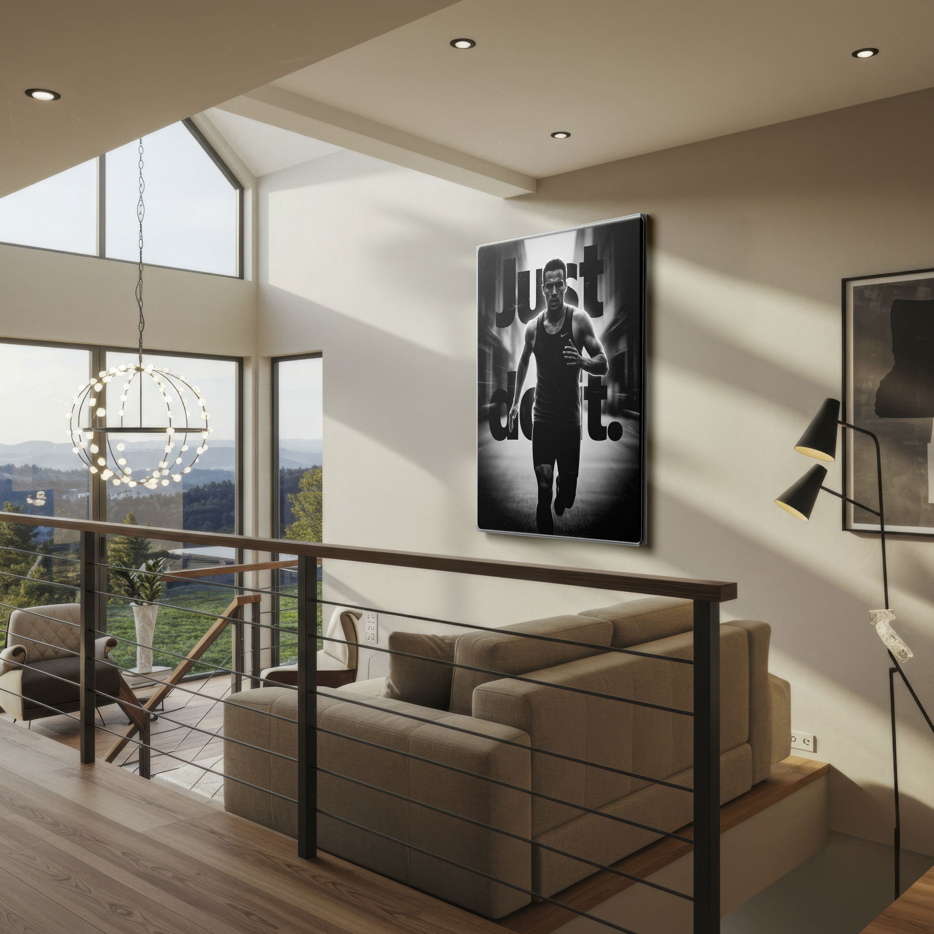 High-contrast wall decor print of a runner alongside the famous 'Just Do It' slogan.