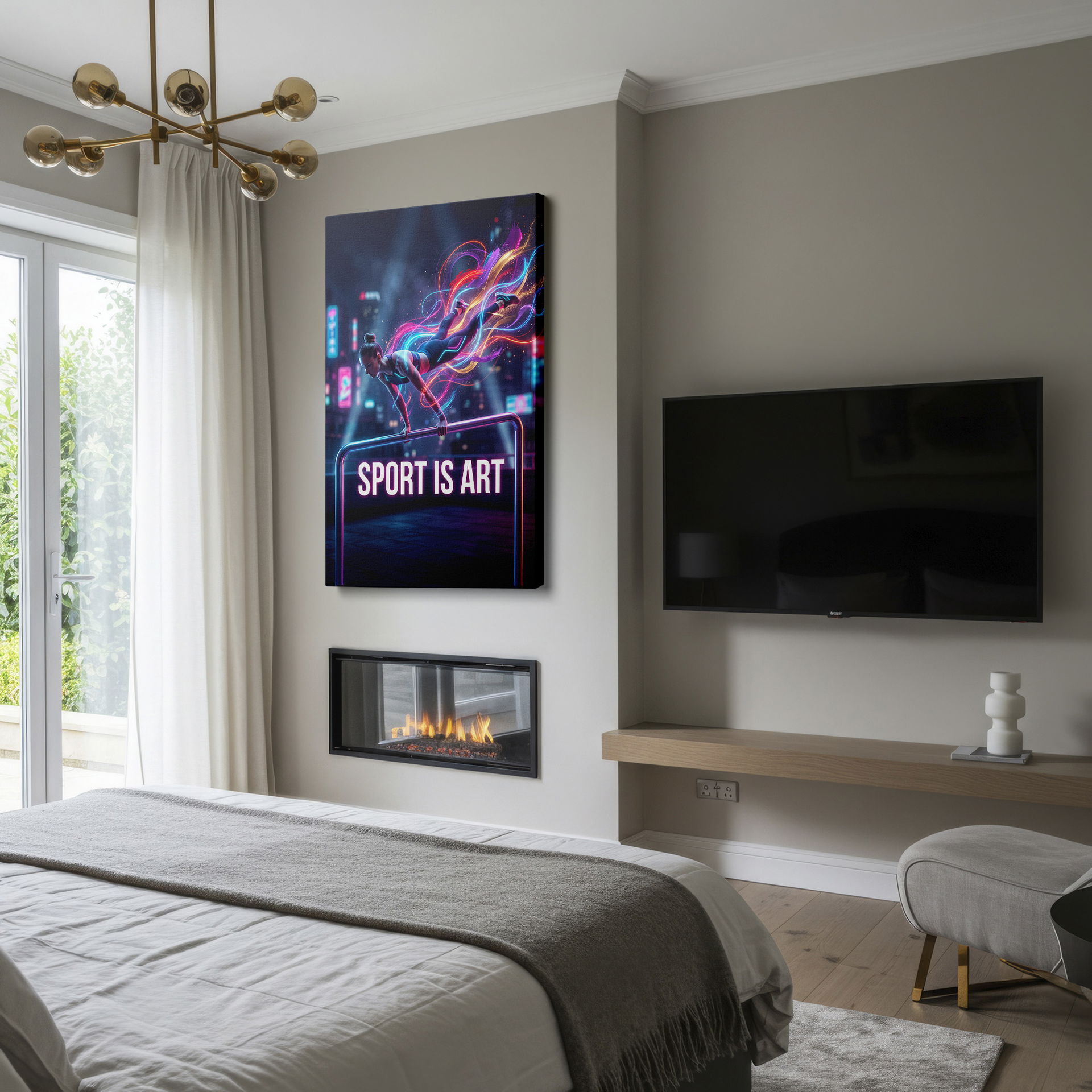 Artwork shows an athletic woman in mid-handstand, vibrant streaks. A striking piece of wall decor.