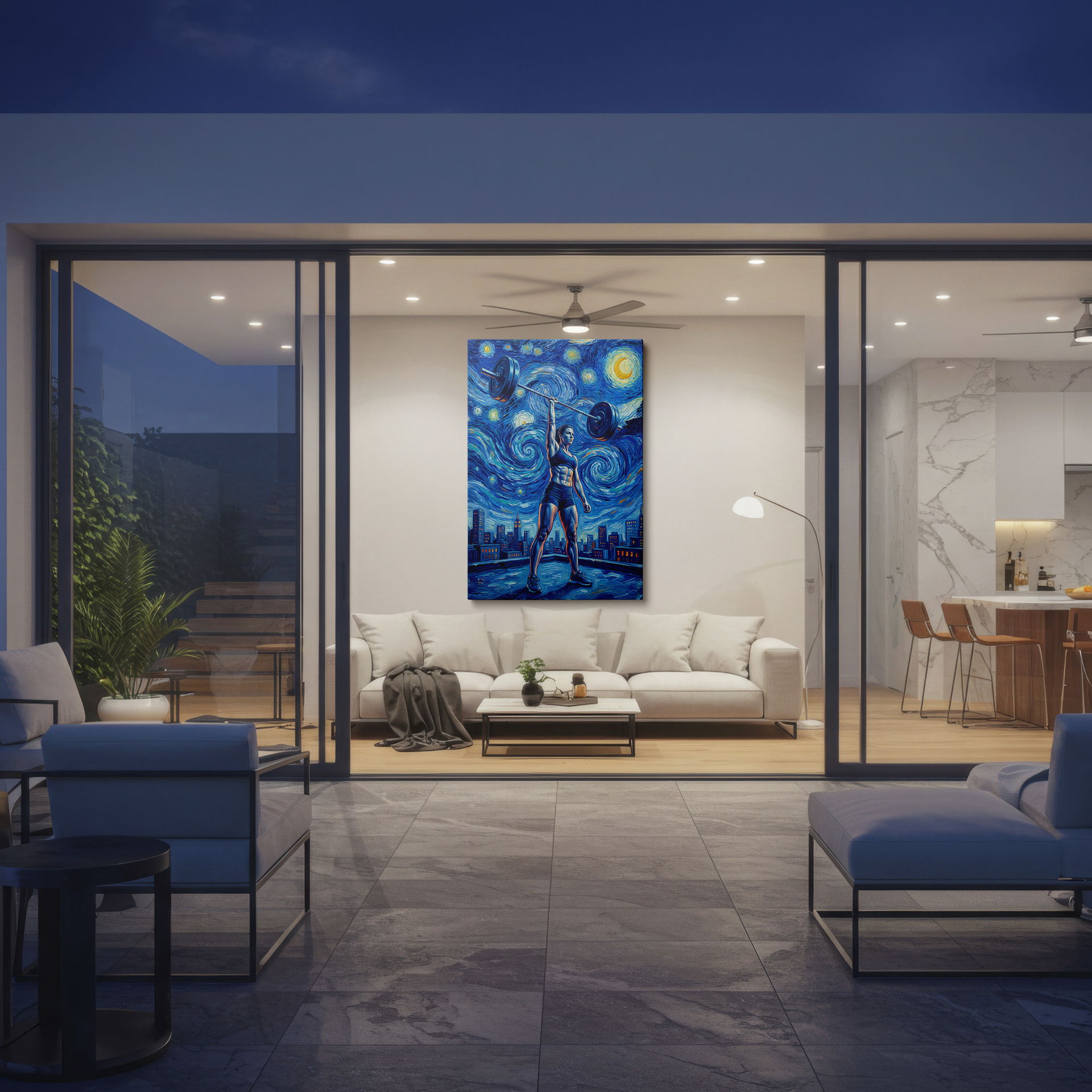 Admire the unique style of a strong female weightlifter doing overhead press as wall decor inspired by Van Gogh's Starry Night.