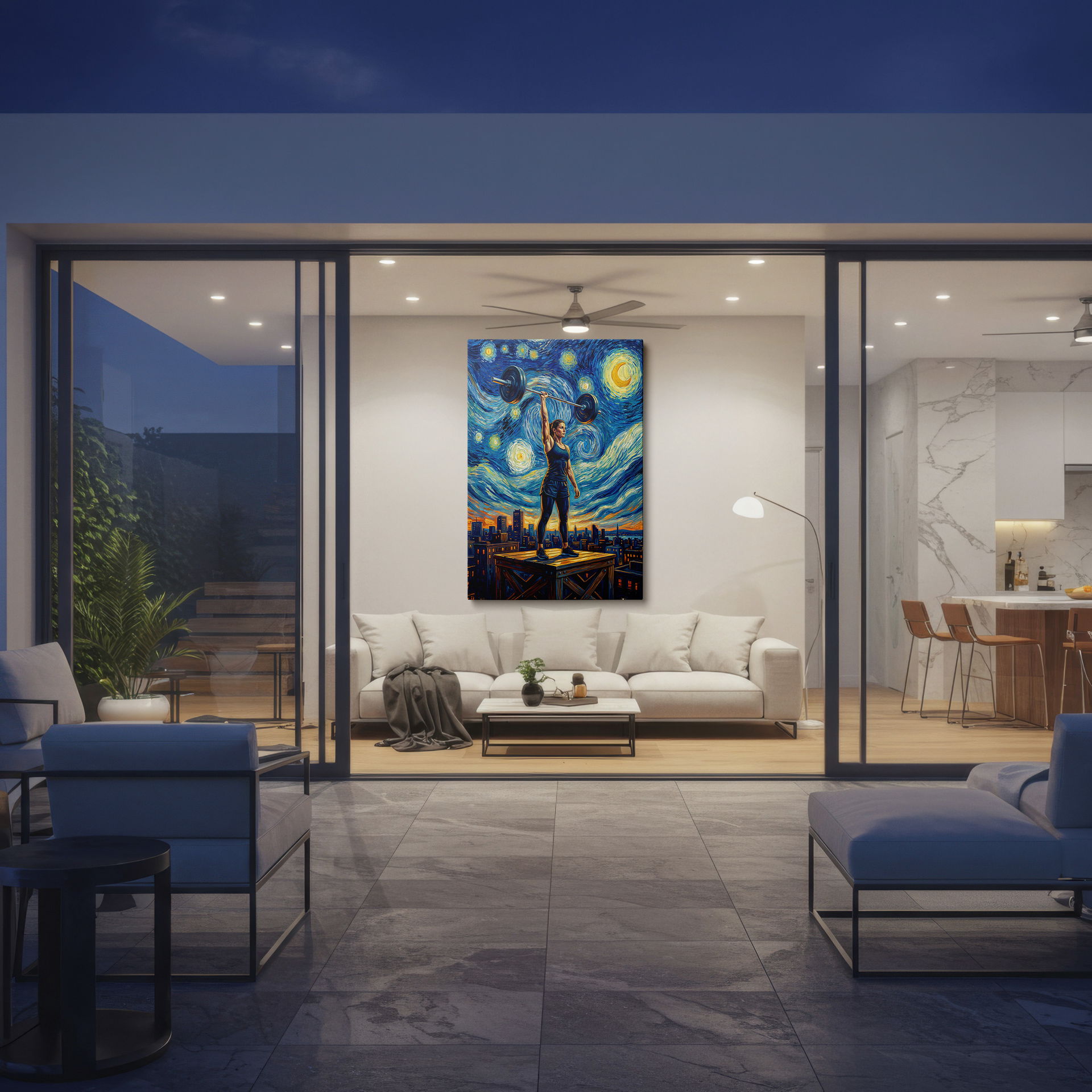 A painting showing a strong woman lifting weights, an expressive piece of wall decor.