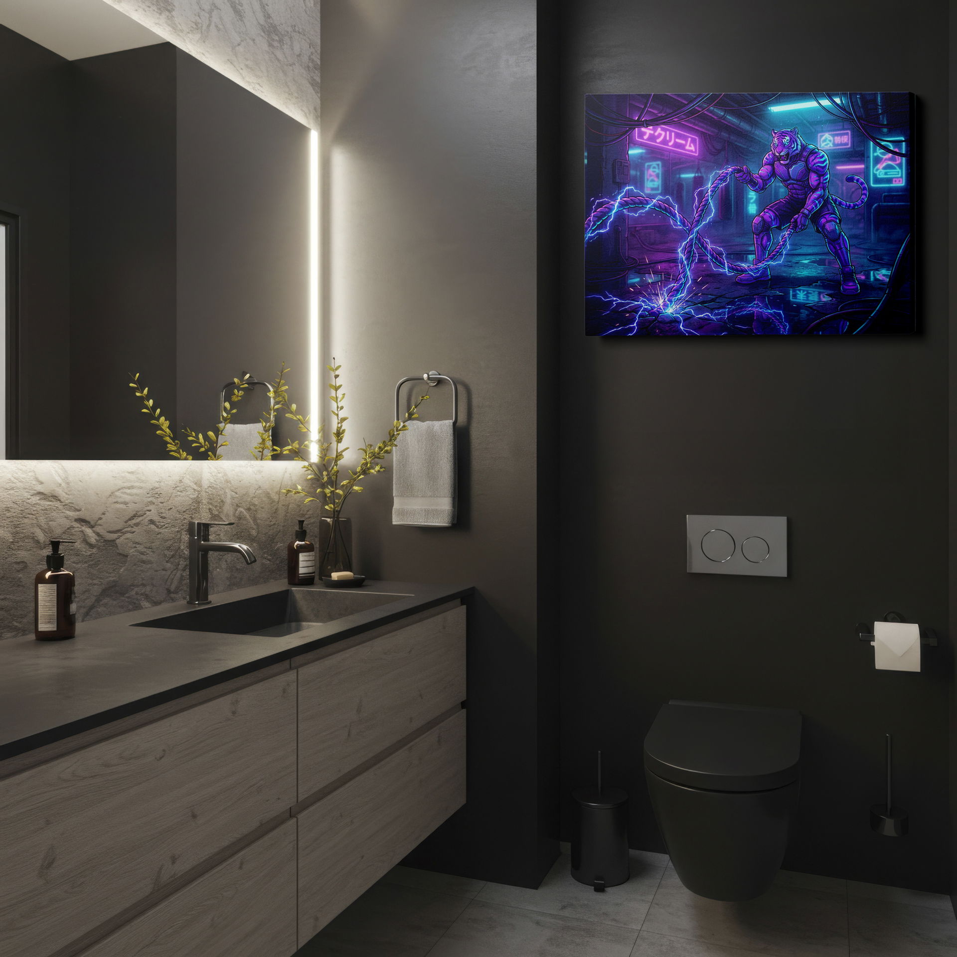 Cyberpunk art showcasing a tiger working out with neon ropes in a futuristic gym; edgy wall decor element.