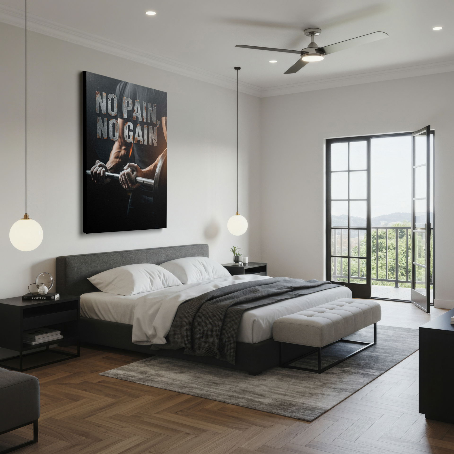 Weightlifter's grip highlighted with the 'No Pain, No Gain' slogan, ideal for fitness room wall art.