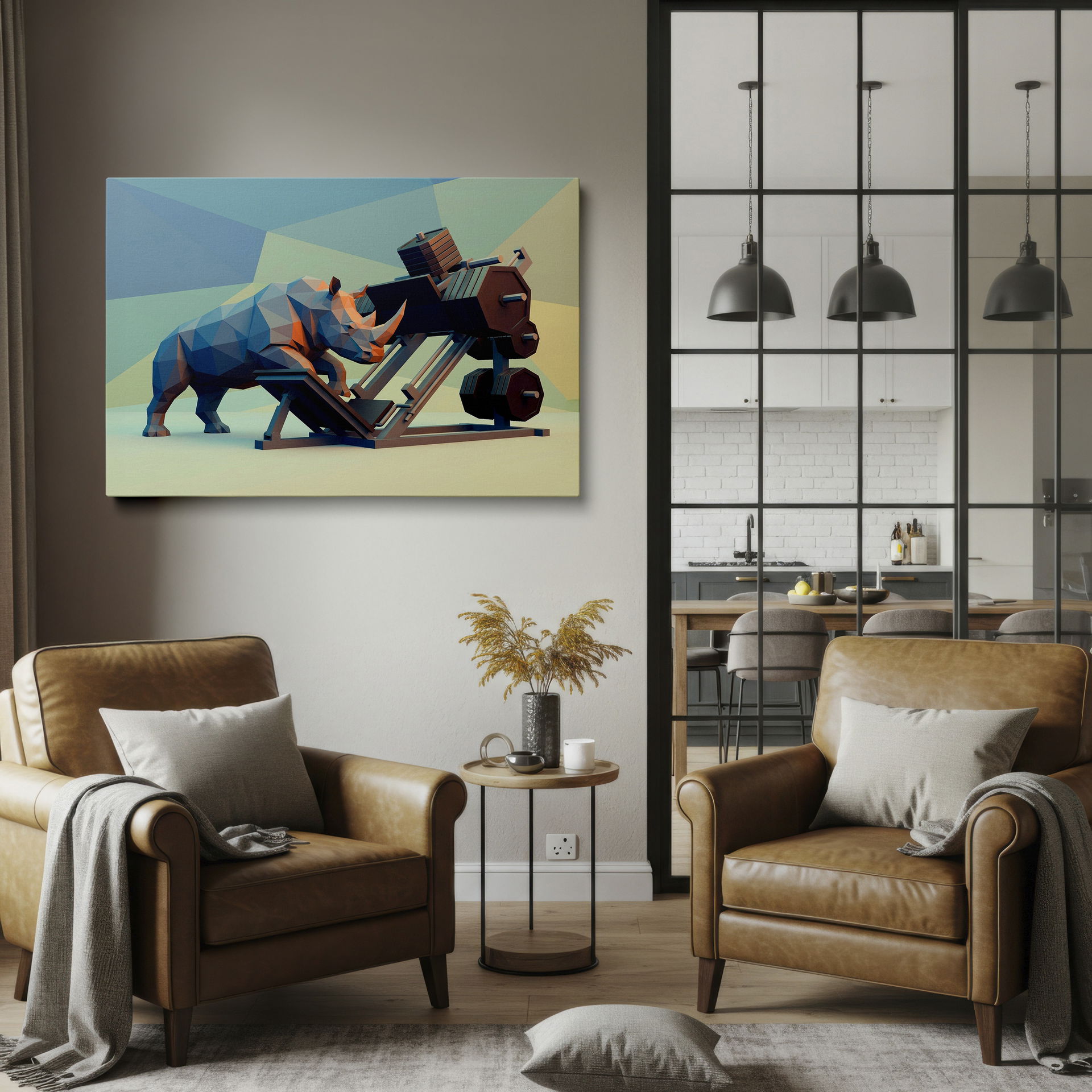 Abstract art: geometric rhino doing a leg press on Wrapped Canvas