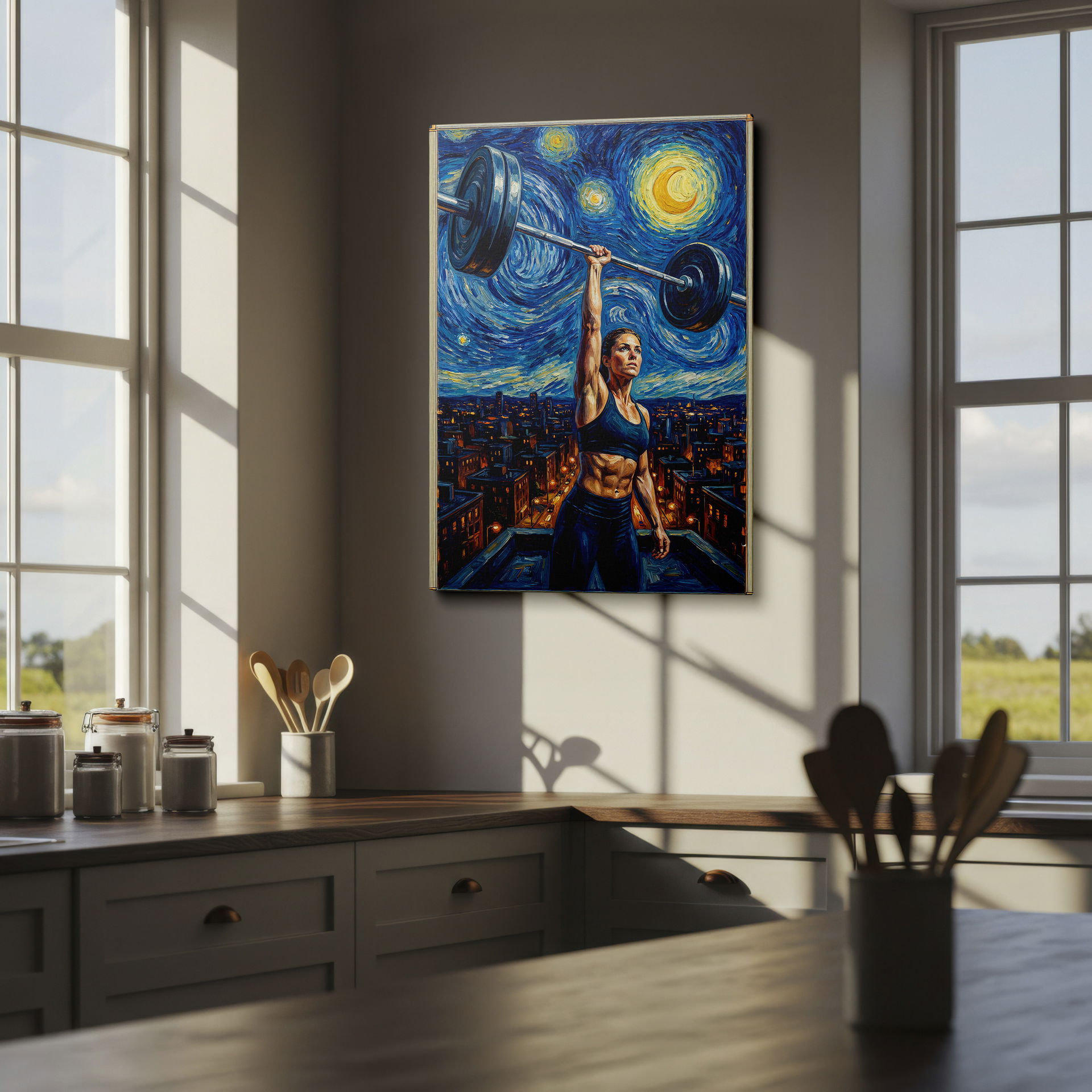 Canvas wall art showcasing a strong woman lifting weights under a swirling, starry sky.