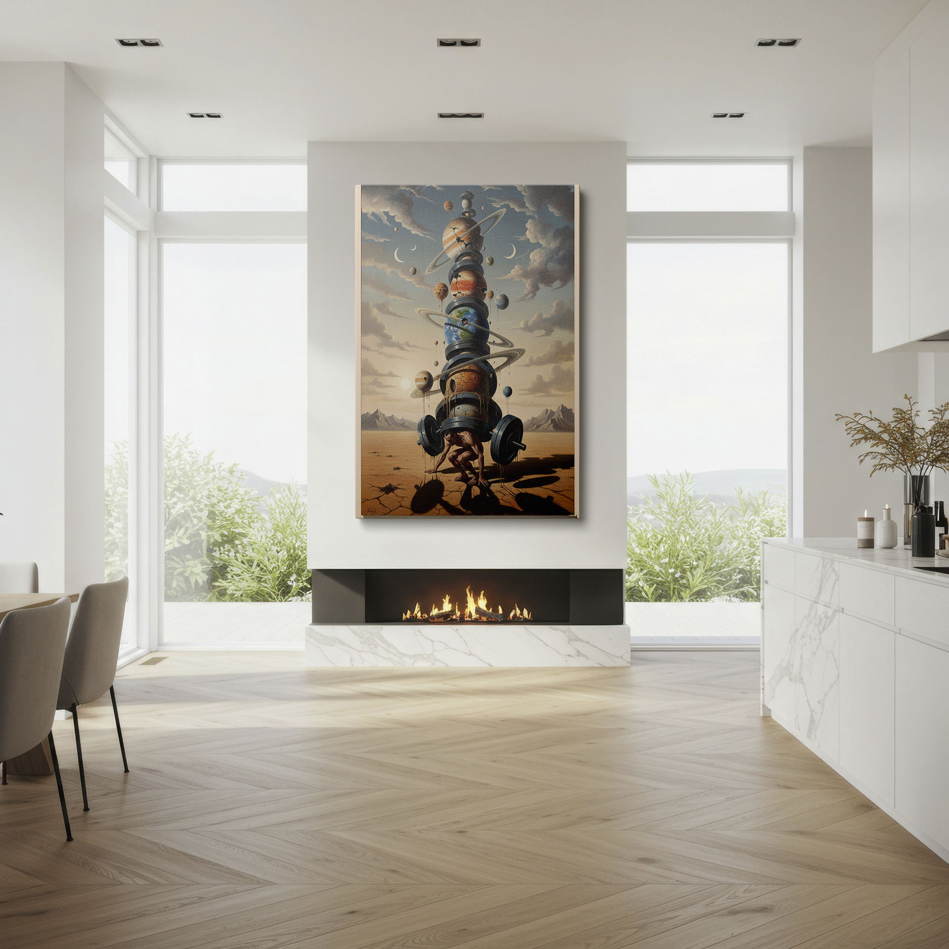 Contemplate the cosmos and strength with this 'Planetary Burden' wall art. A captivating statement for any space.