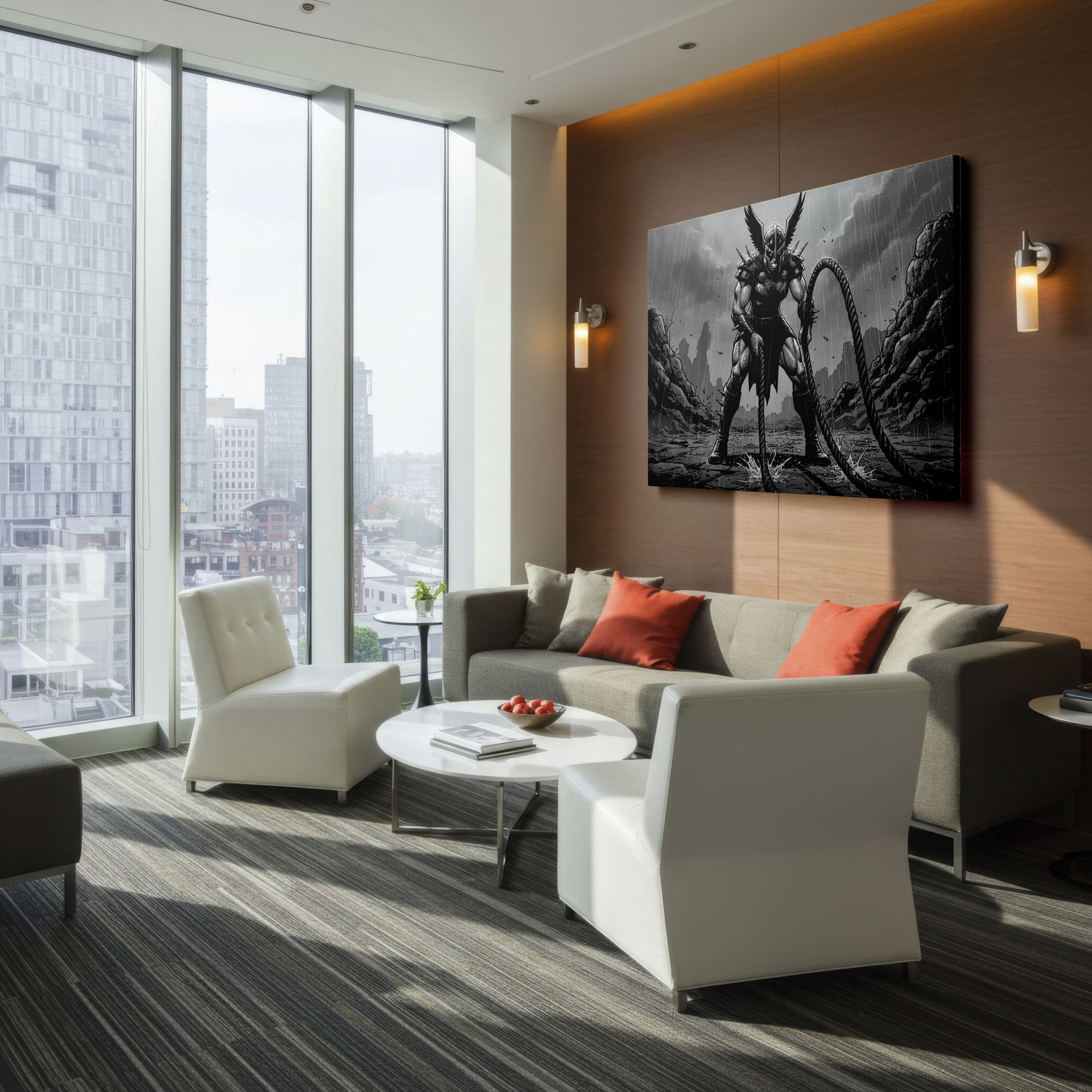 A unique piece of wall decor: a grayscale image of a muscular, winged warrior wielding a thick rope.