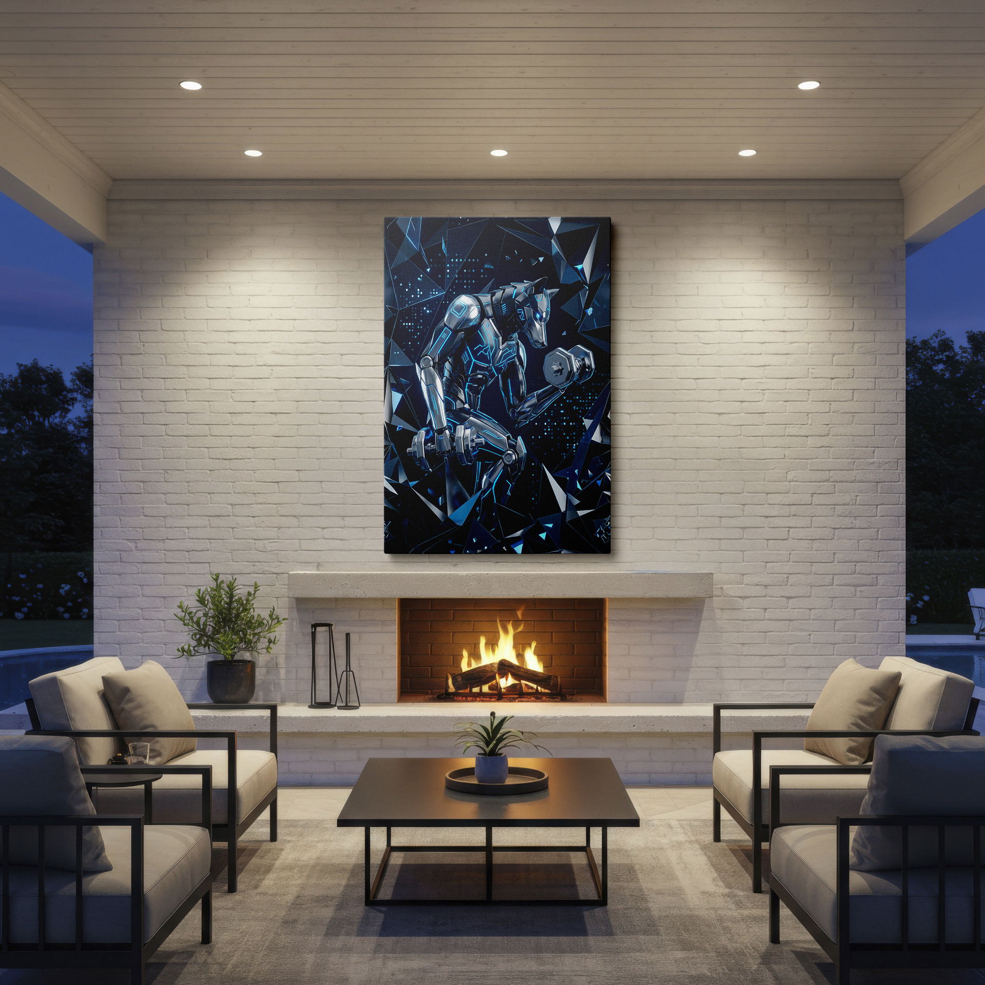 Contemporary wall art: cybernetic wolf weightlifting, set against a geometric backdrop, adding a modern touch to your wall decor.