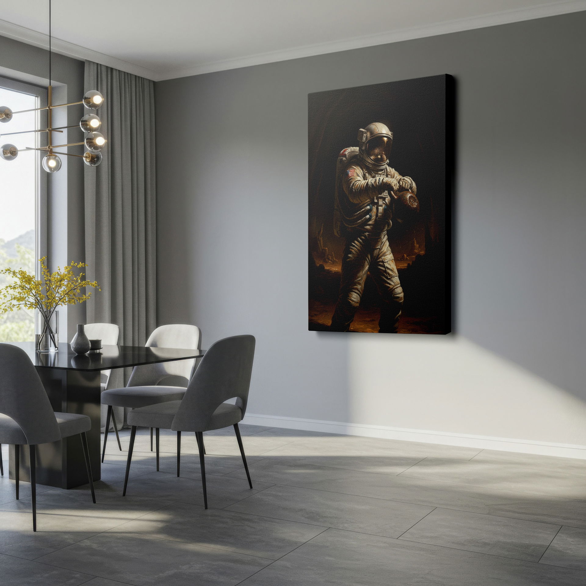 Intriguing canvas featuring an astronaut exercising on Mars. A great Wrapped Canvas print!