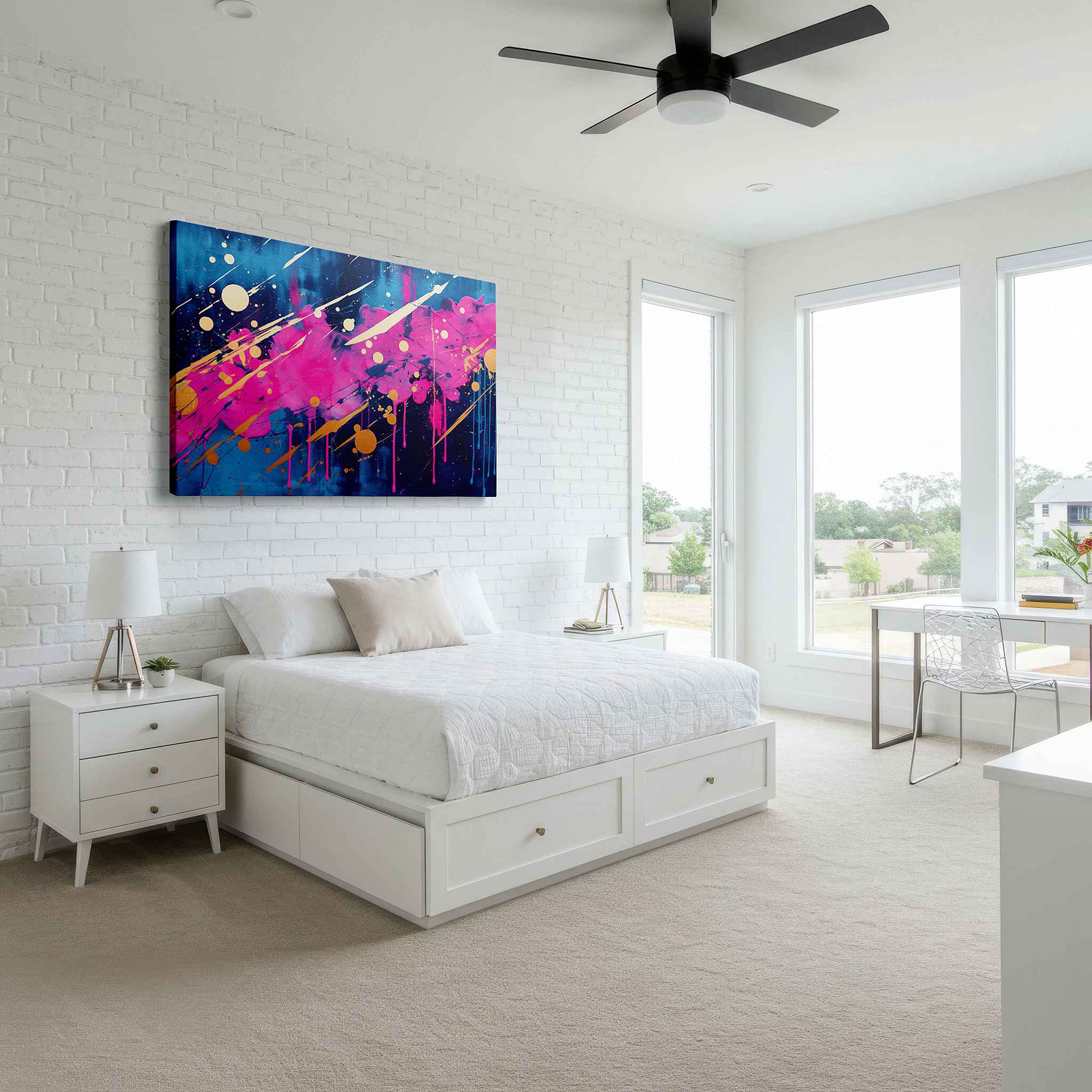 Aligned with a curated gallery wall of abstract artworks — abstract expressionist large wall art featuring vibrant pinks, luxurious golds, and deep blues, perfect for home or office decor