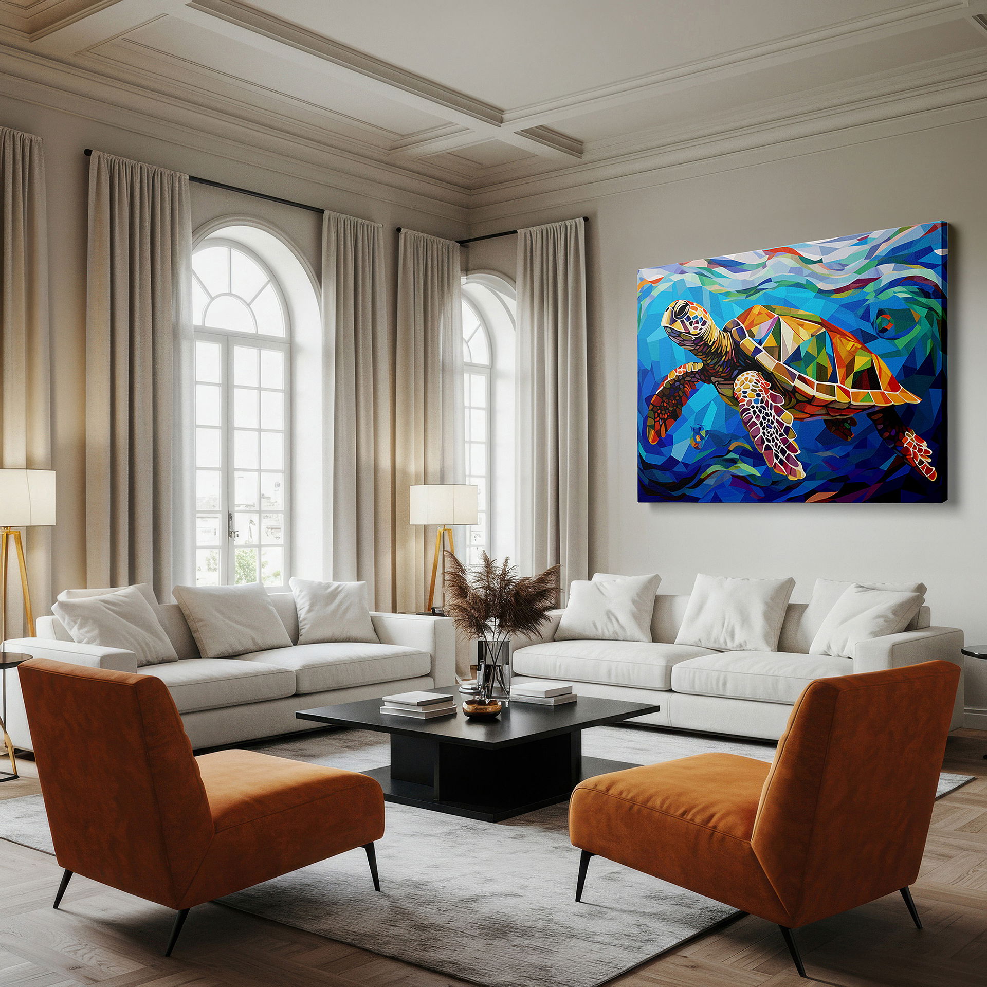 Aligned with a curated gallery wall of abstract artworks — abstract sea turtle odyssey in ocean depths: a colorful homage to marine life and conservation - large canvas wall art for office decor