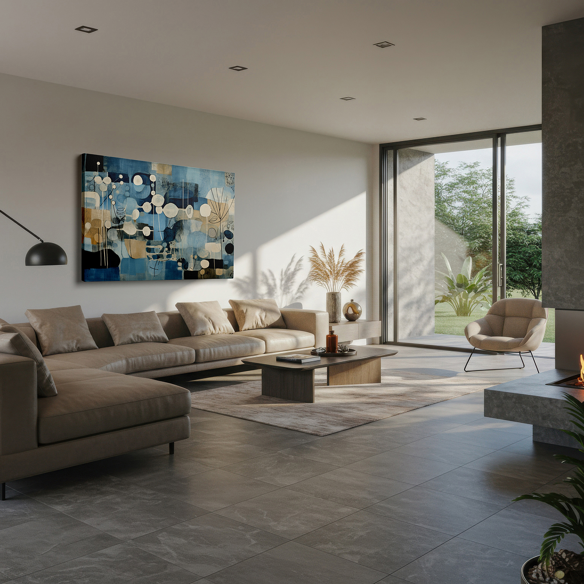 Aligned with a curated gallery wall of abstract artworks — abstract symphony in blue: ocean and sky, large canvas wall art for home and office decor