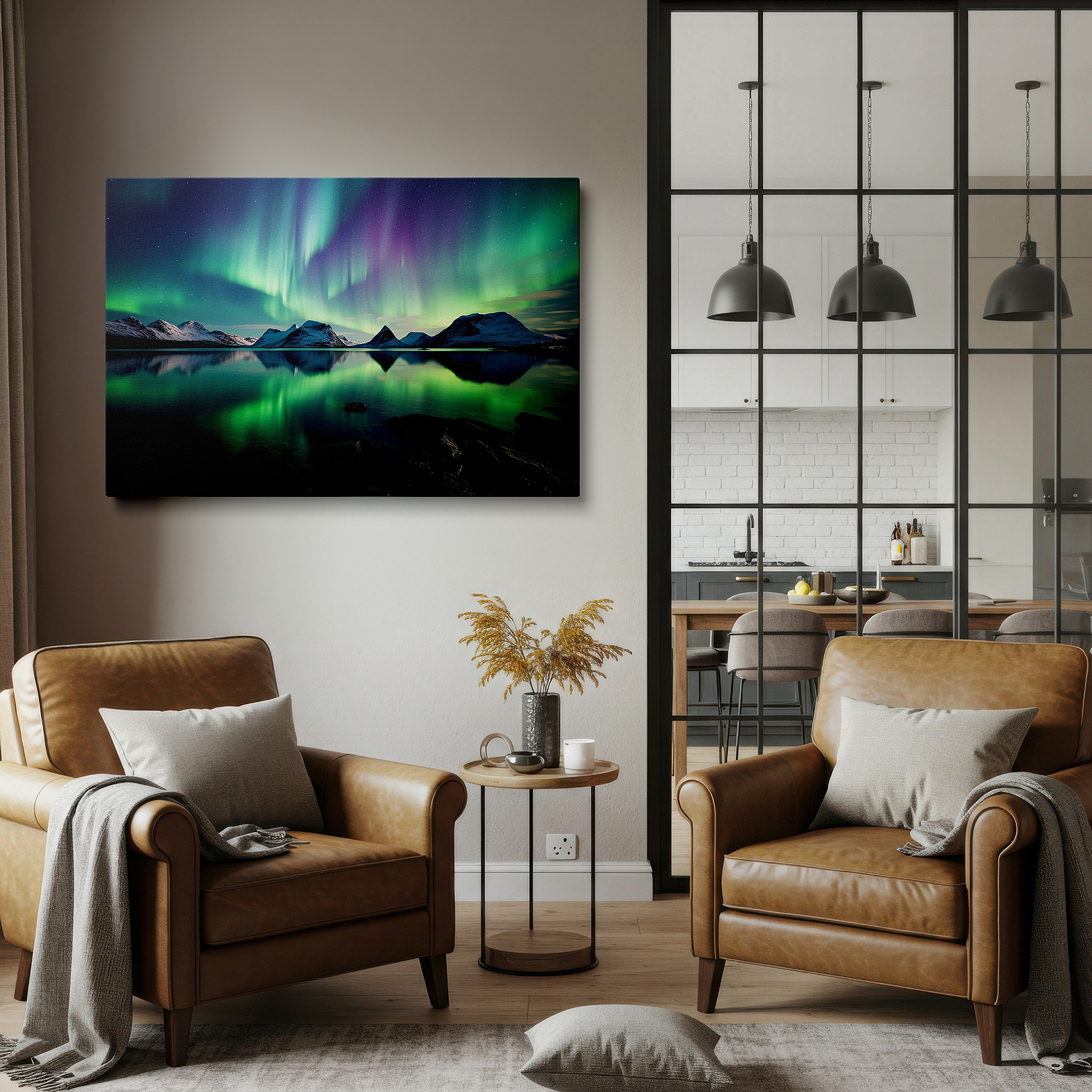 Aligned with a curated gallery wall of abstract artworks — aurora borealis over peaceful mountains and reflective waters large canvas wall art for office decor