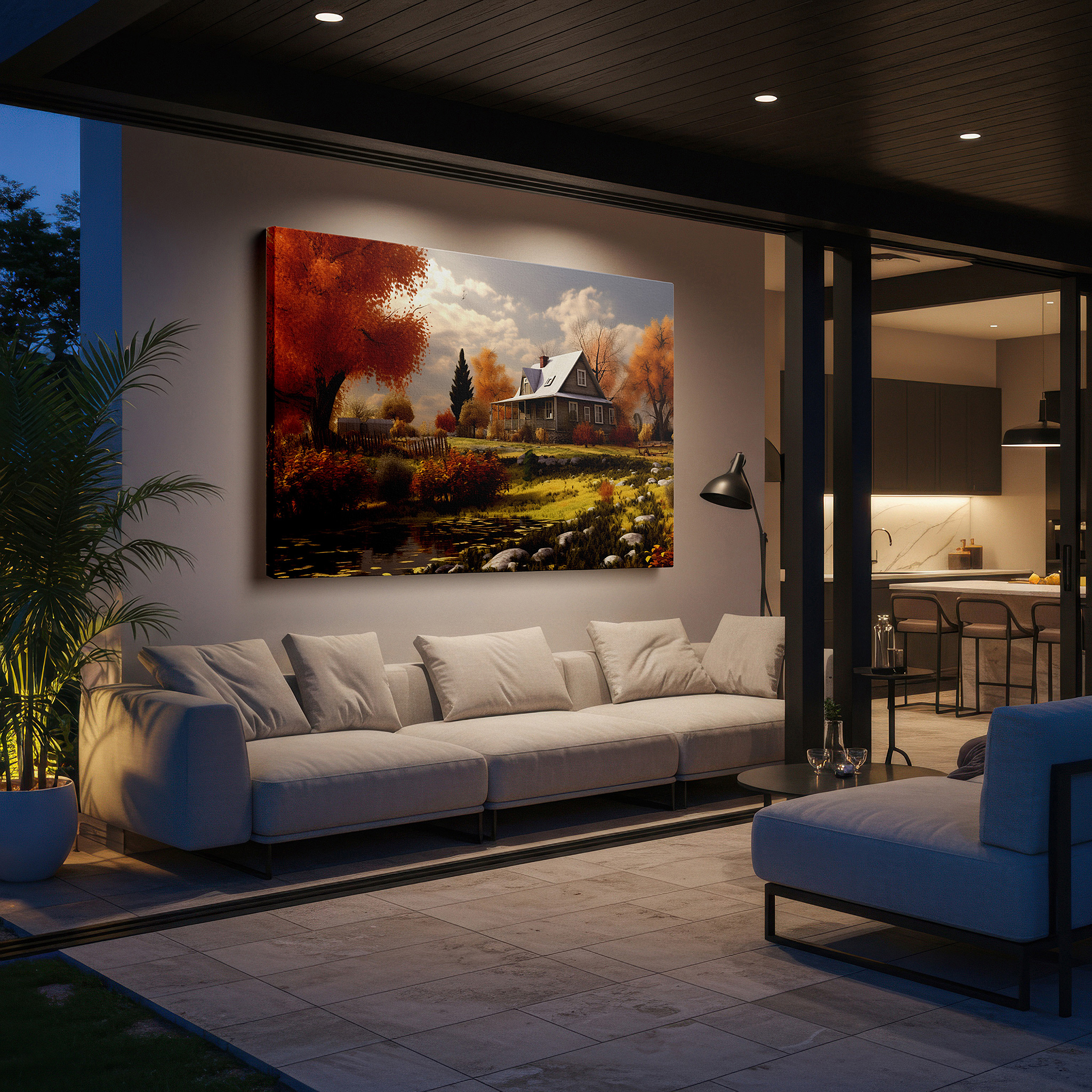 Aligned with a curated gallery wall of abstract artworks — autumn embrace in a peaceful countryside scene with a cozy house large wall art, canvas wall decor, office and bedroom wall art