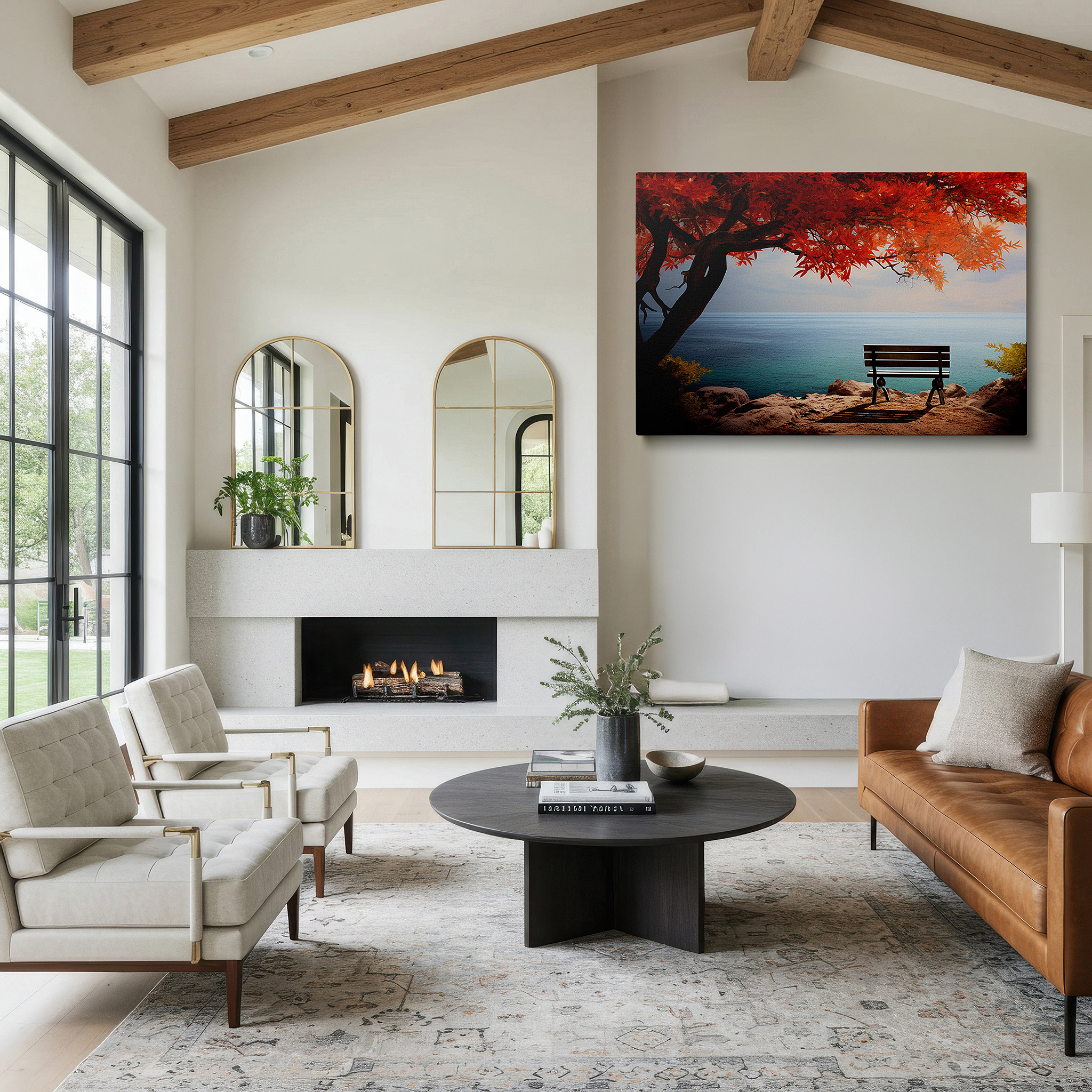 Aligned with a curated gallery wall of abstract artworks — autumn embrace: serene coastal waters - a visual sanctuary for peace and reflection, large canvas wall art for office decor