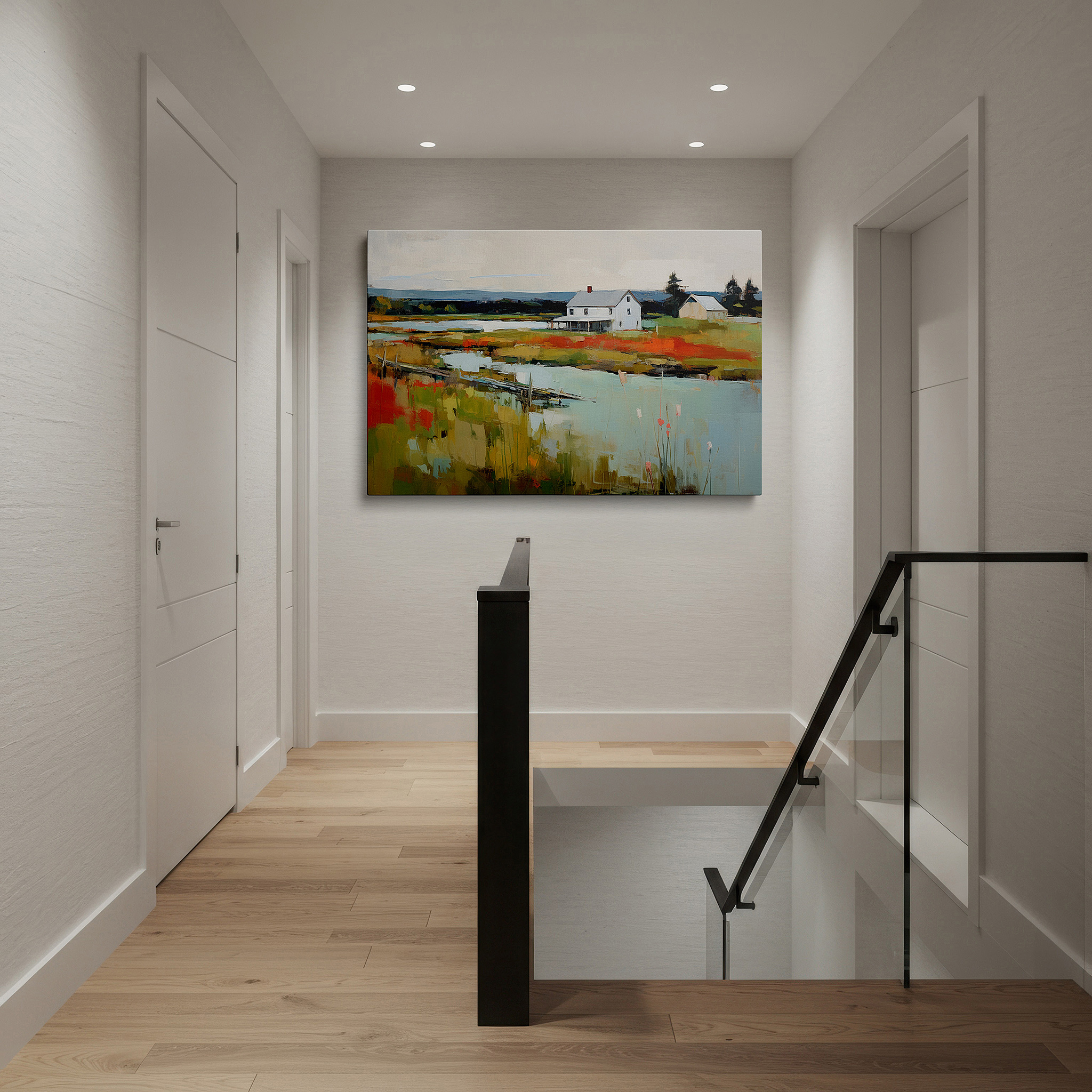 Aligned with a curated gallery wall of abstract artworks — autumn's tranquil reflections: timeless rural escape - large canvas wall art for office and bedroom decor