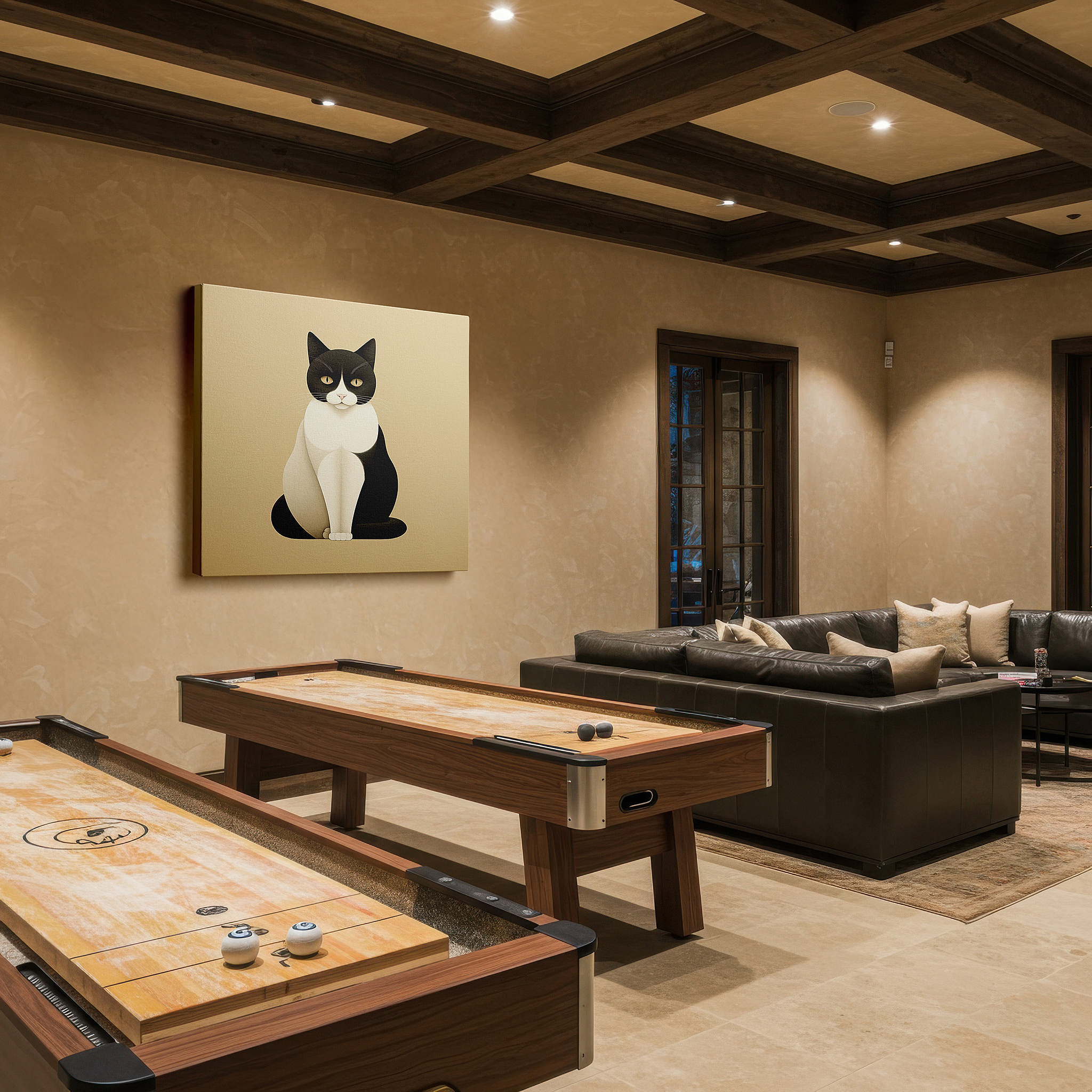 Aligned with a curated gallery wall of abstract artworks — black and white elegance - graceful and sophisticated stylized cat large wall art, canvas wall art, wall decor for office and bedroom