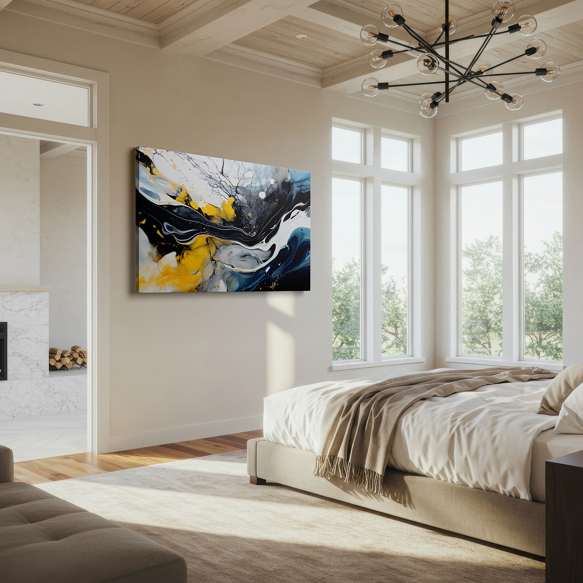Aligned with a curated gallery wall of abstract artworks — black and yellow swirls on a serene blue and white background large canvas wall art, wall decor for office and bedroom