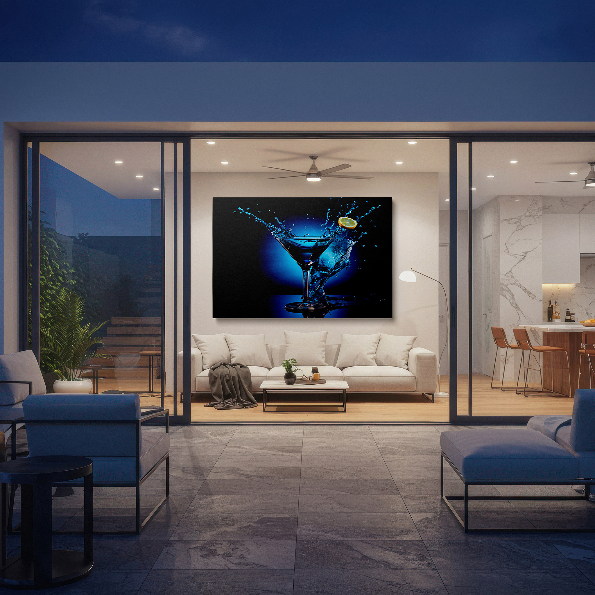 Aligned with a curated gallery wall of abstract artworks — celebrating cocktail culture: martini glass splash on vibrant blue background - large canvas wall art for office decor