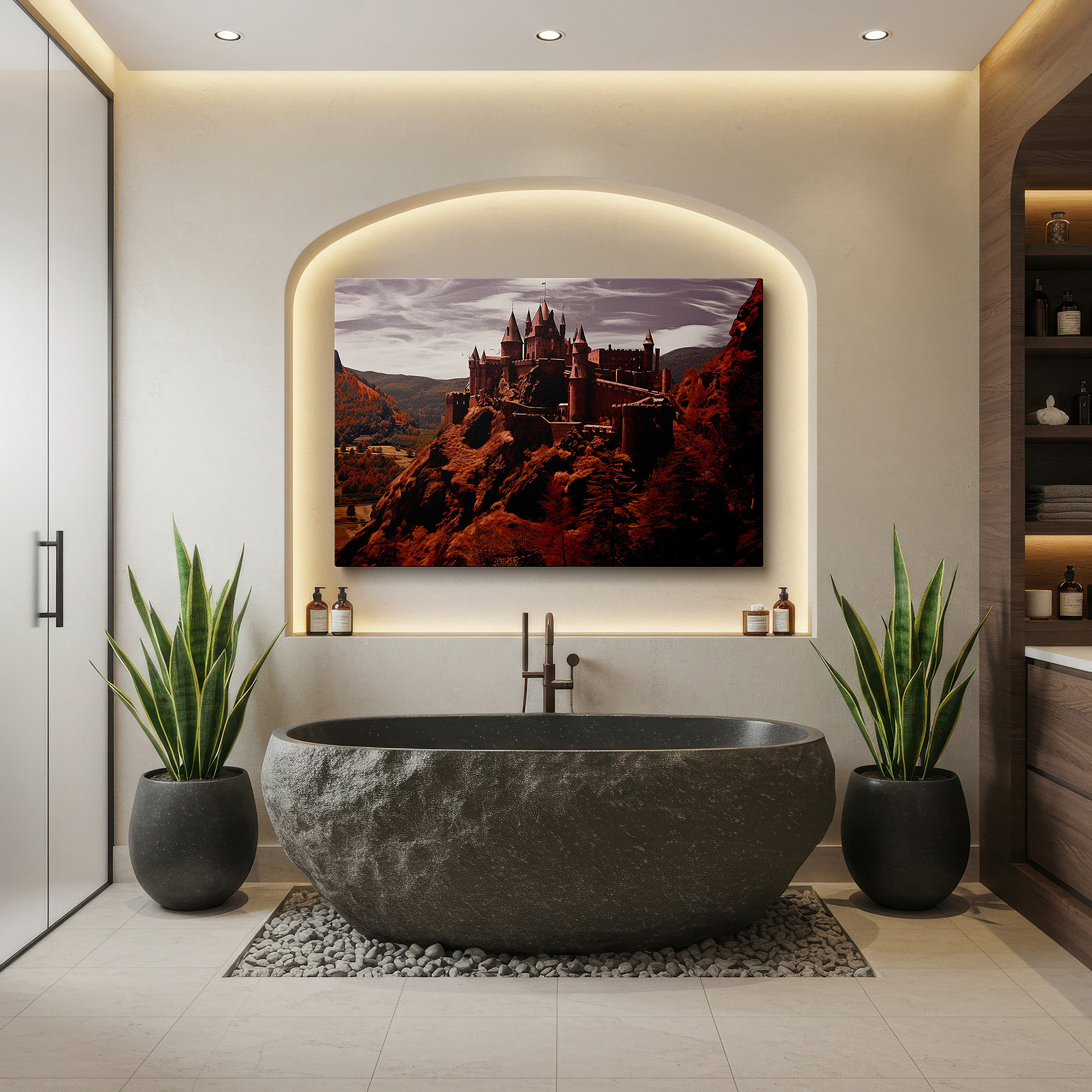 Aligned with a curated gallery wall of abstract artworks — cliff-top fortress - celebrating ancient craftsmanship and the splendor of nature, large canvas wall art for office decor