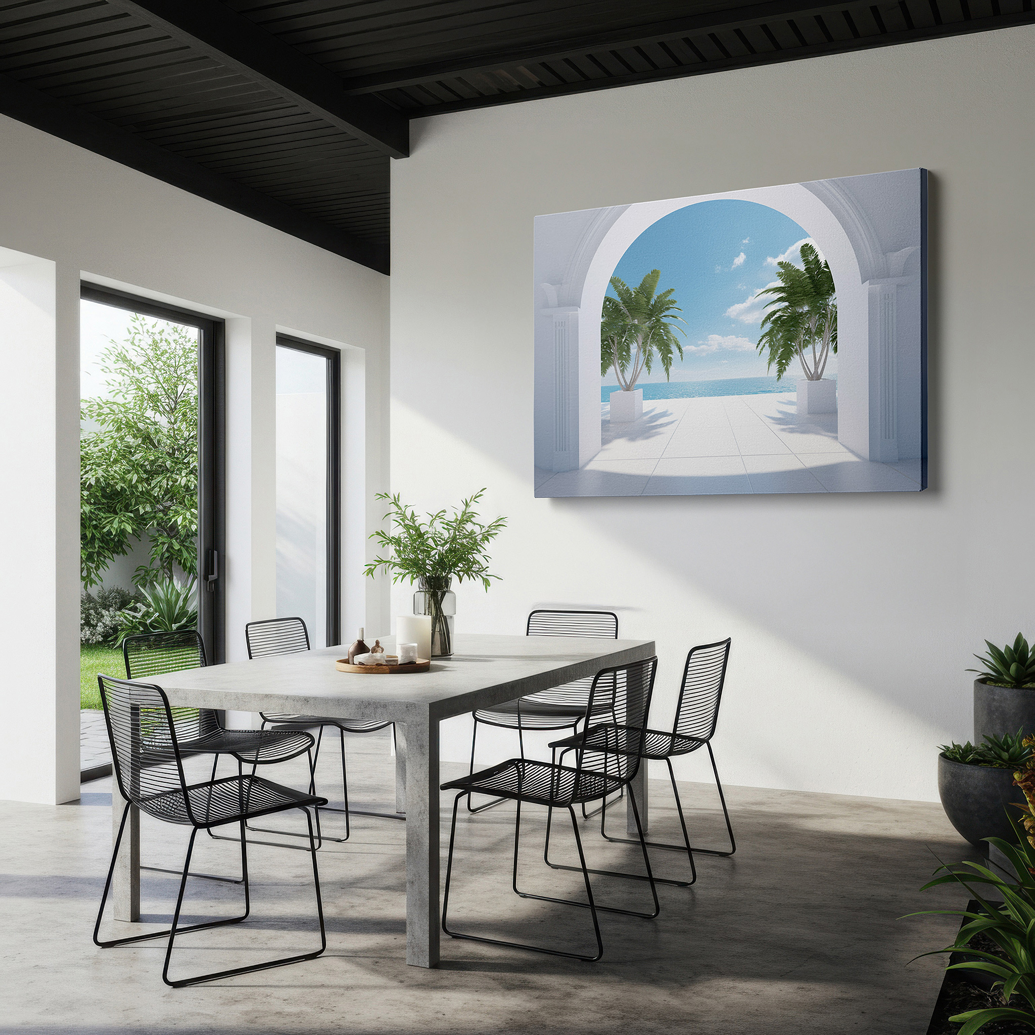 Aligned with a curated gallery wall of abstract artworks — coastal elegance featuring arches, lush palms, and tranquil blue waters: large wall art, canvas wall art, wall decor for office and bedroom