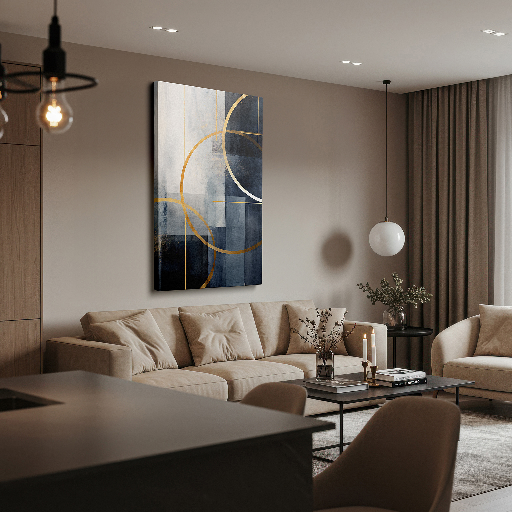 Aligned with a curated gallery wall of abstract artworks — contemporary chic: geometric wall art in black, white, and gold - large canvas for office, bedroom, or living room decor
