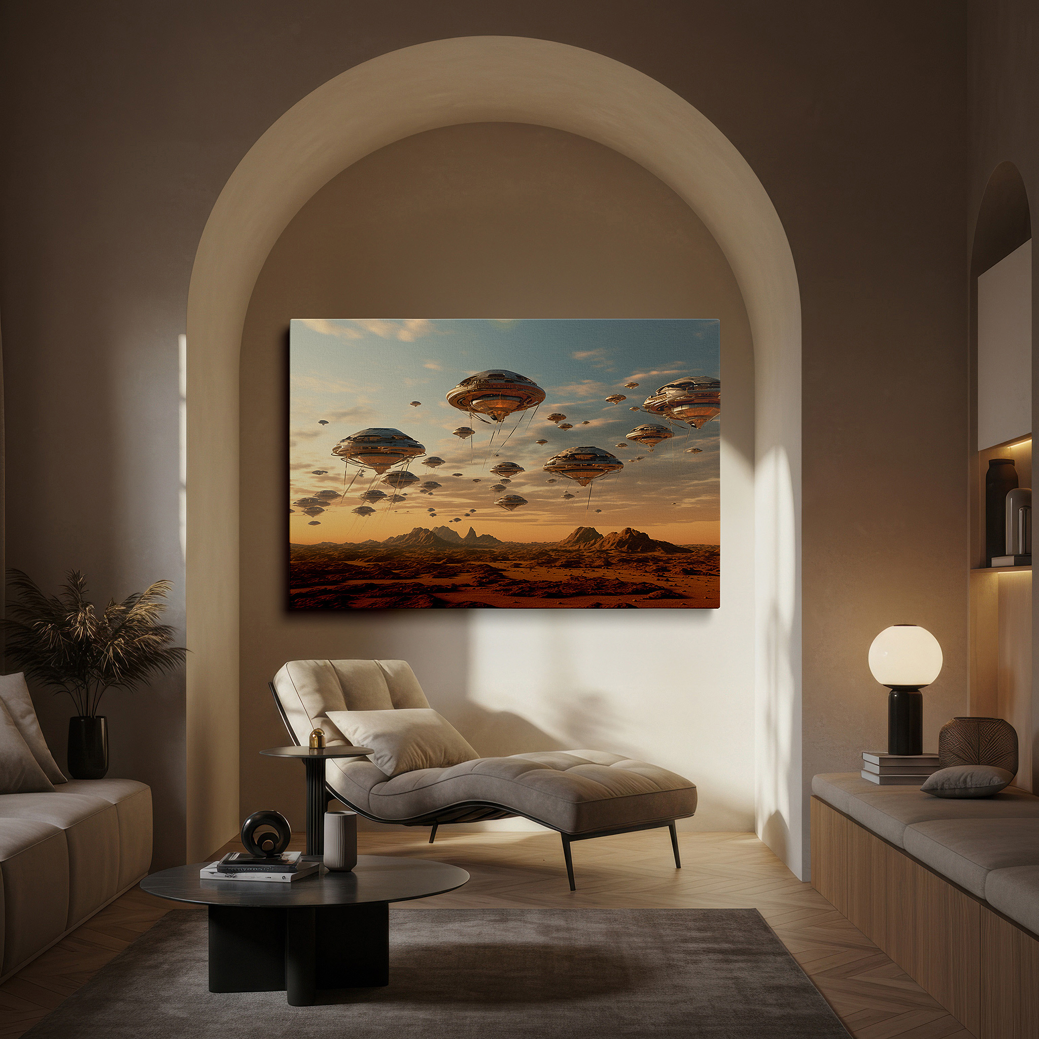 Aligned with a curated gallery wall of abstract artworks — desert dawn and cosmic mystery: ufo-themed large wall art, canvas decor for office, bedroom, and living room