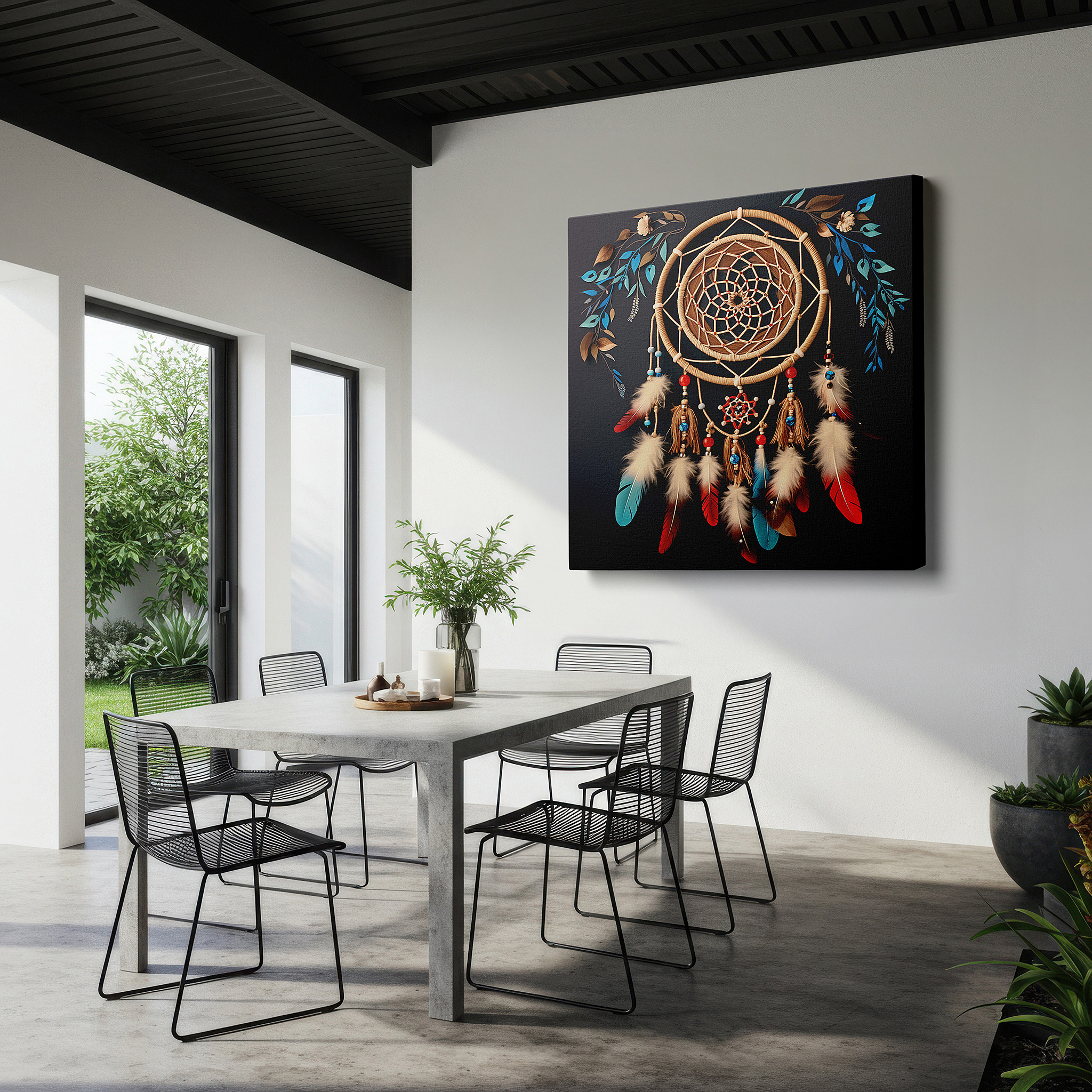 Aligned with a curated gallery wall of abstract artworks — dreamcatcher wall art for bedroom: a masterpiece of protection and vibrant tradition. large canvas wall decor for office and bedroom.