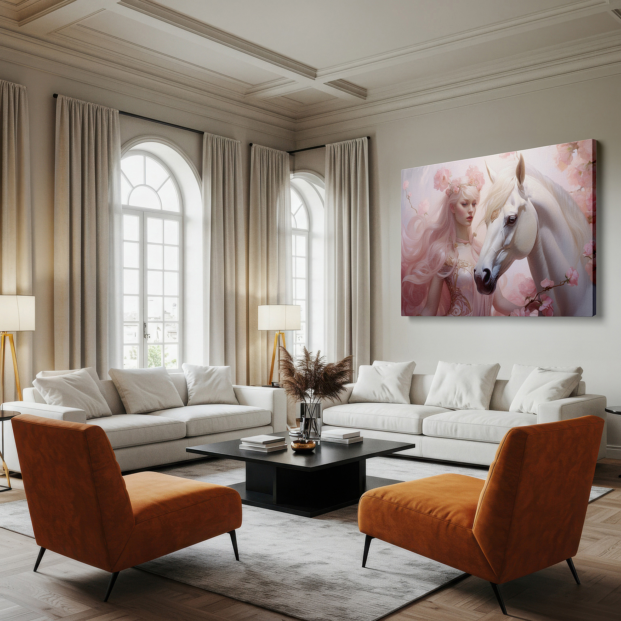 Aligned with a curated gallery wall of abstract artworks — dreamy pastel scene with serene woman and floral crown next to a white horse - large canvas wall art for bedroom and office decor