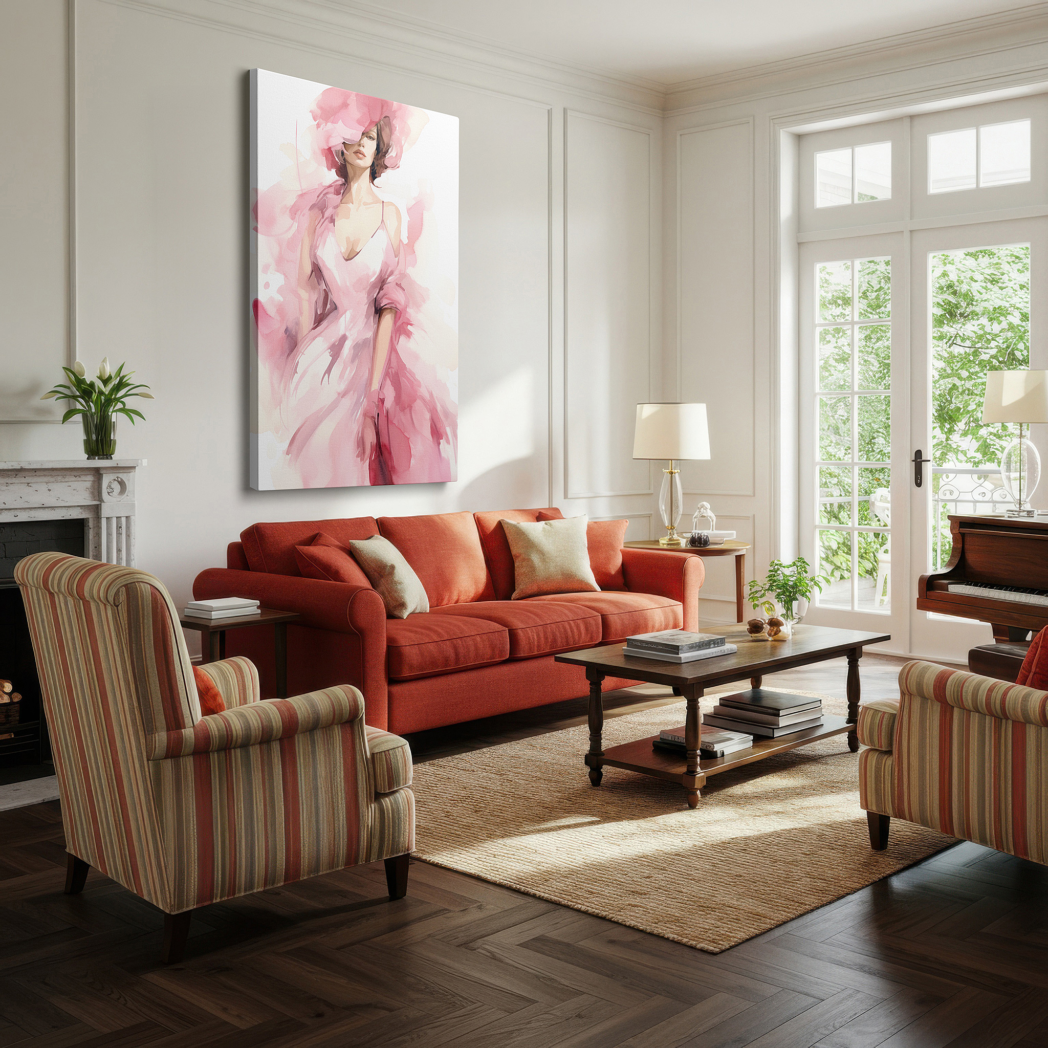 Aligned with a curated gallery wall of abstract artworks — elegant contemporary feminine style with a flowing pink gown large wall art, canvas wall art, wall decor for office, bedroom, and living room
