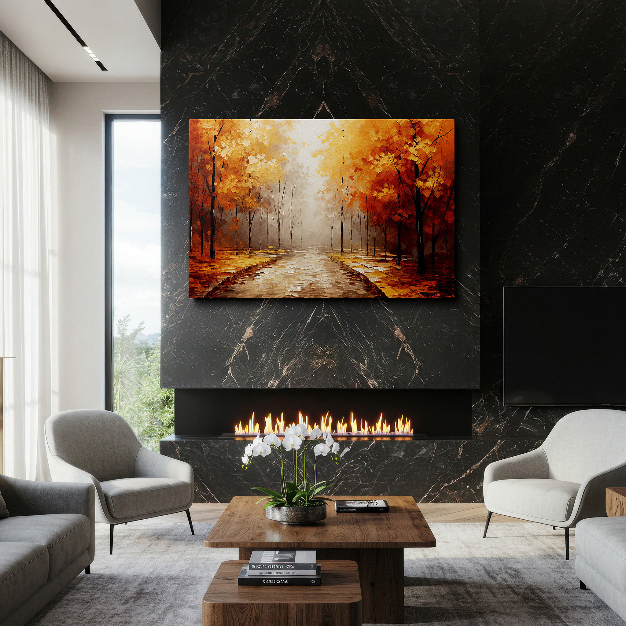 Aligned with a curated gallery wall of abstract artworks — enchanted autumn pathway canvas print: mystical forest with golden leaves - large wall art for office, bedroom, and home decor