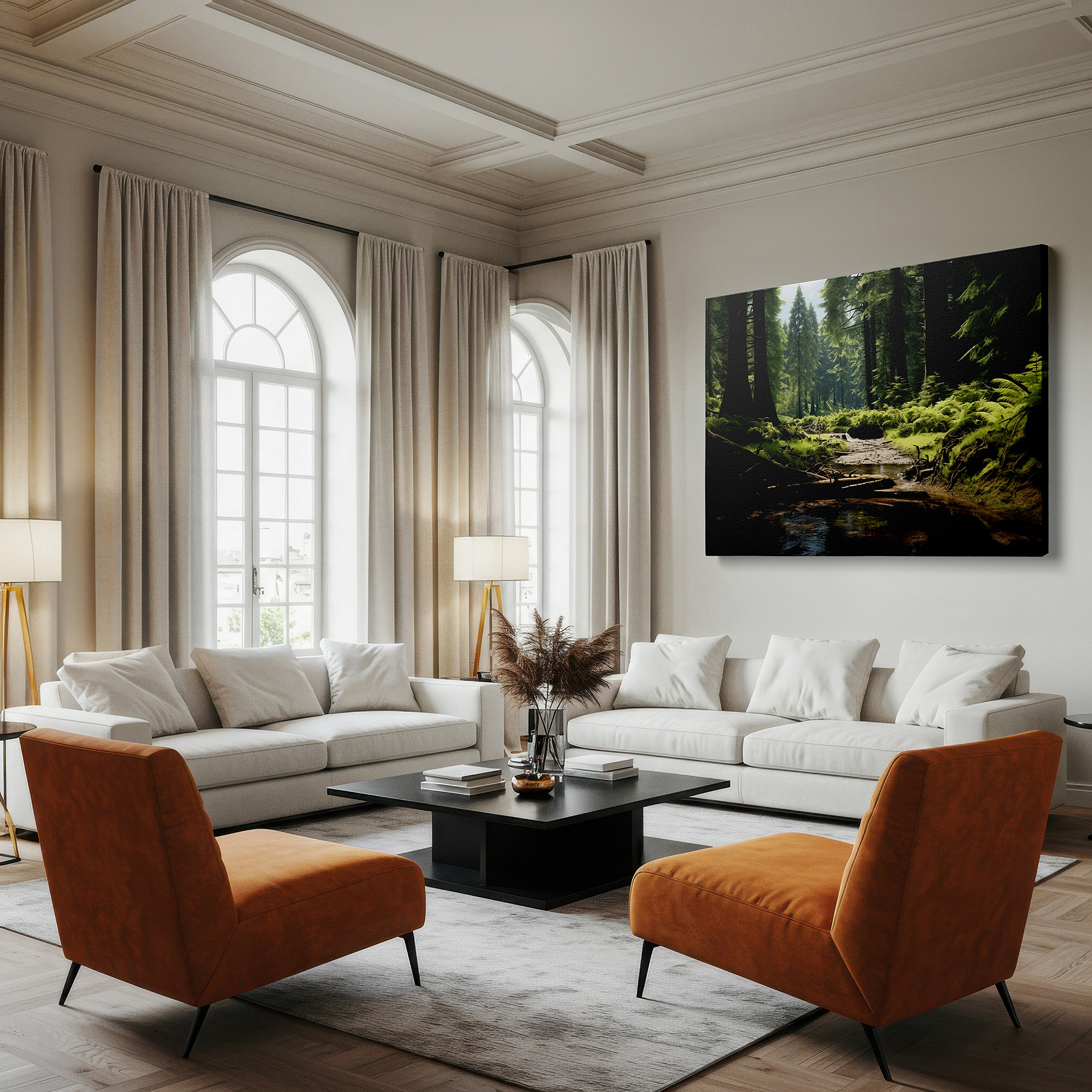 Aligned with a curated gallery wall of abstract artworks — enchanted forest landscape with sunlit trees and peaceful stream, large canvas wall art for home and office decor
