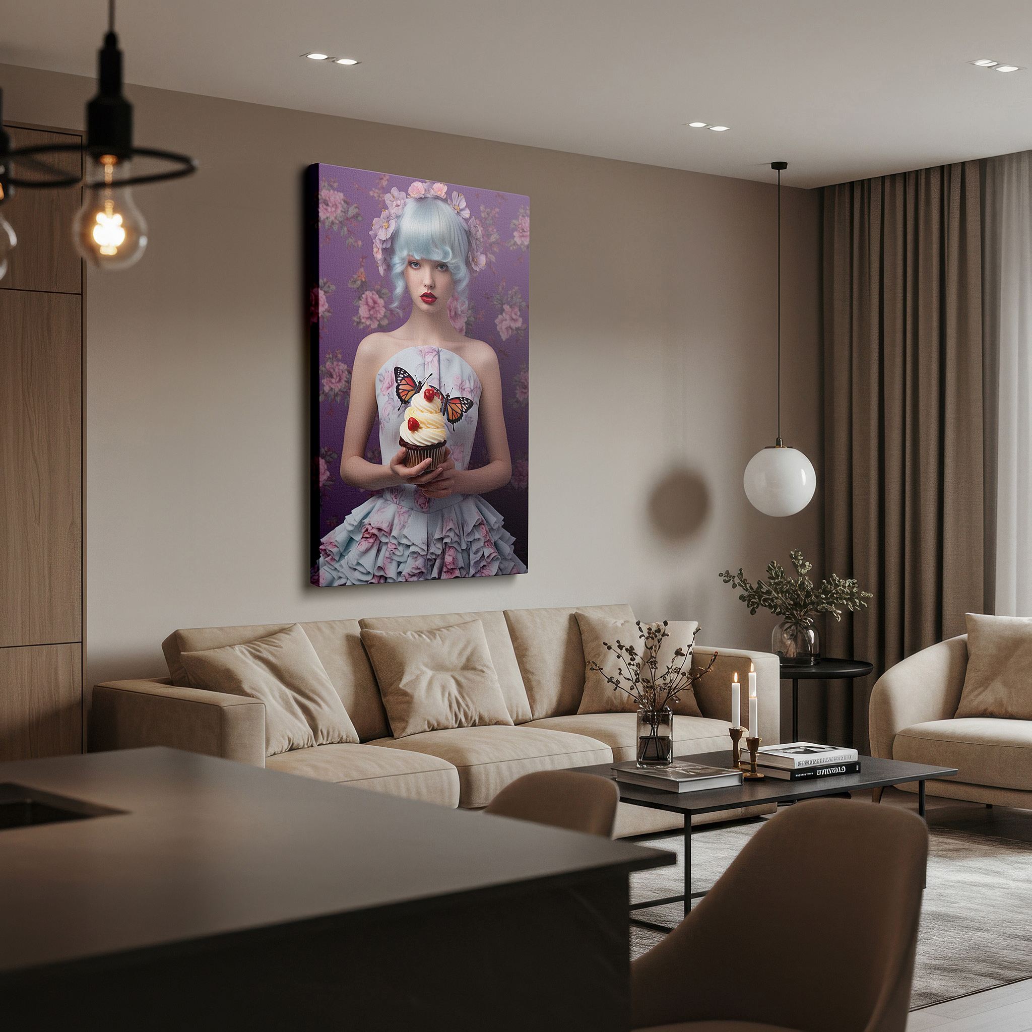 Aligned with a curated gallery wall of abstract artworks — enchanting elegance in pastel blue with floral whispers, featuring butterflies and a sweet cupcake, large canvas wall art decor