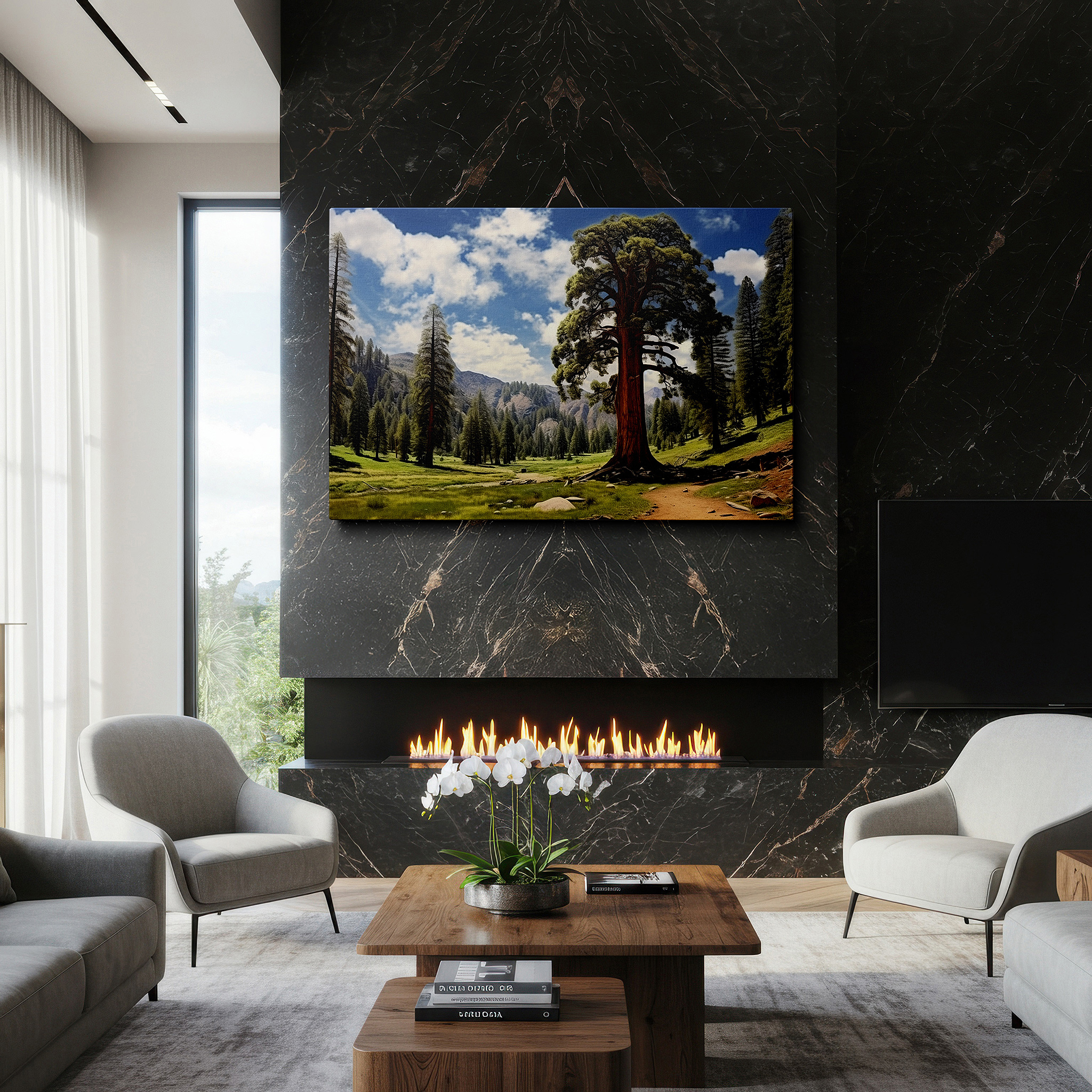 Aligned with a curated gallery wall of abstract artworks — enchanting forest grandeur - explore the rich tapestry of nature with large canvas wall art for home and office decor