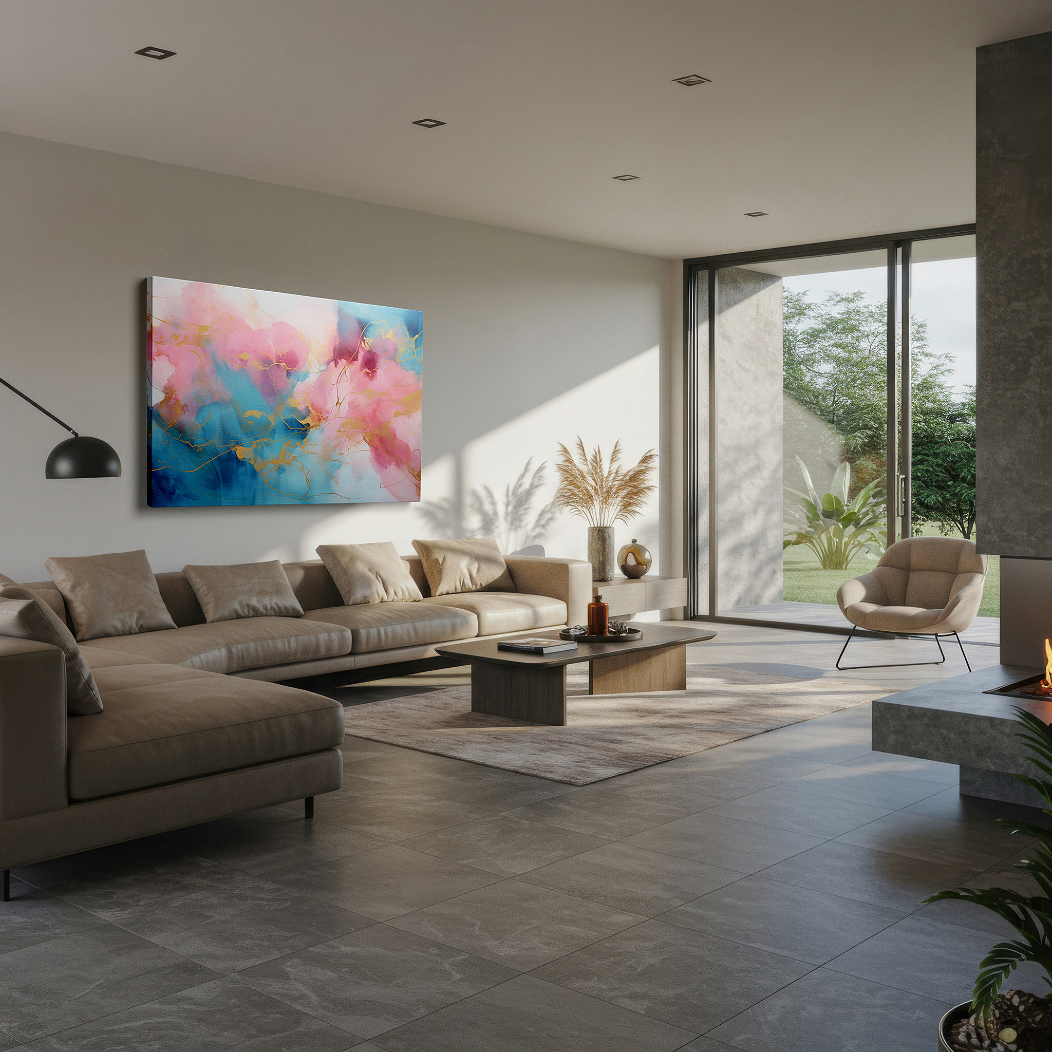Aligned with a curated gallery wall of abstract artworks — ethereal canvas wall art featuring dreamlike pinks, blues, and gold lines for office, bedroom, and living room decor
