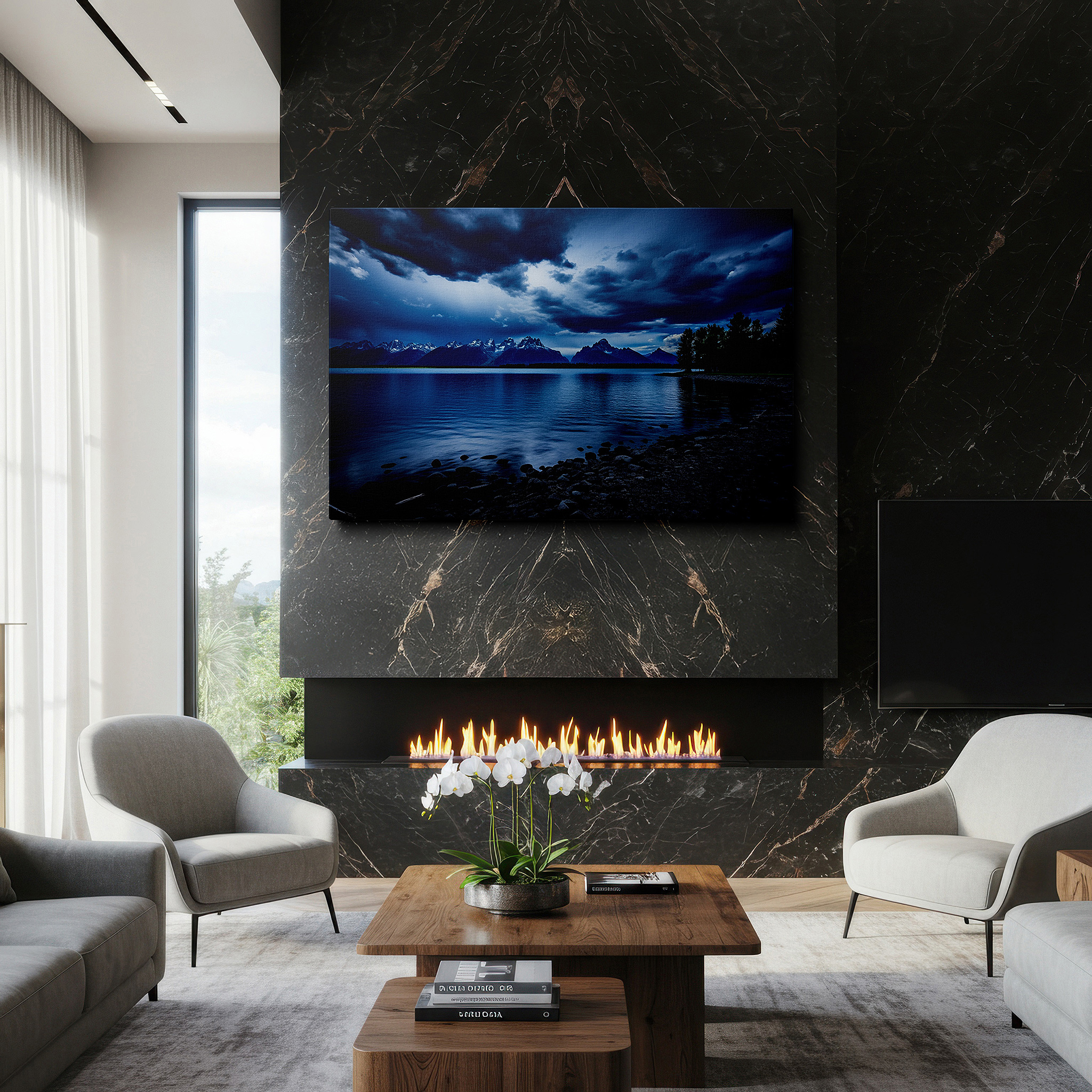 Aligned with a curated gallery wall of abstract artworks — ethereal skies and tranquil lake reflections with majestic mountains large wall art, canvas wall decor for office and bedroom
