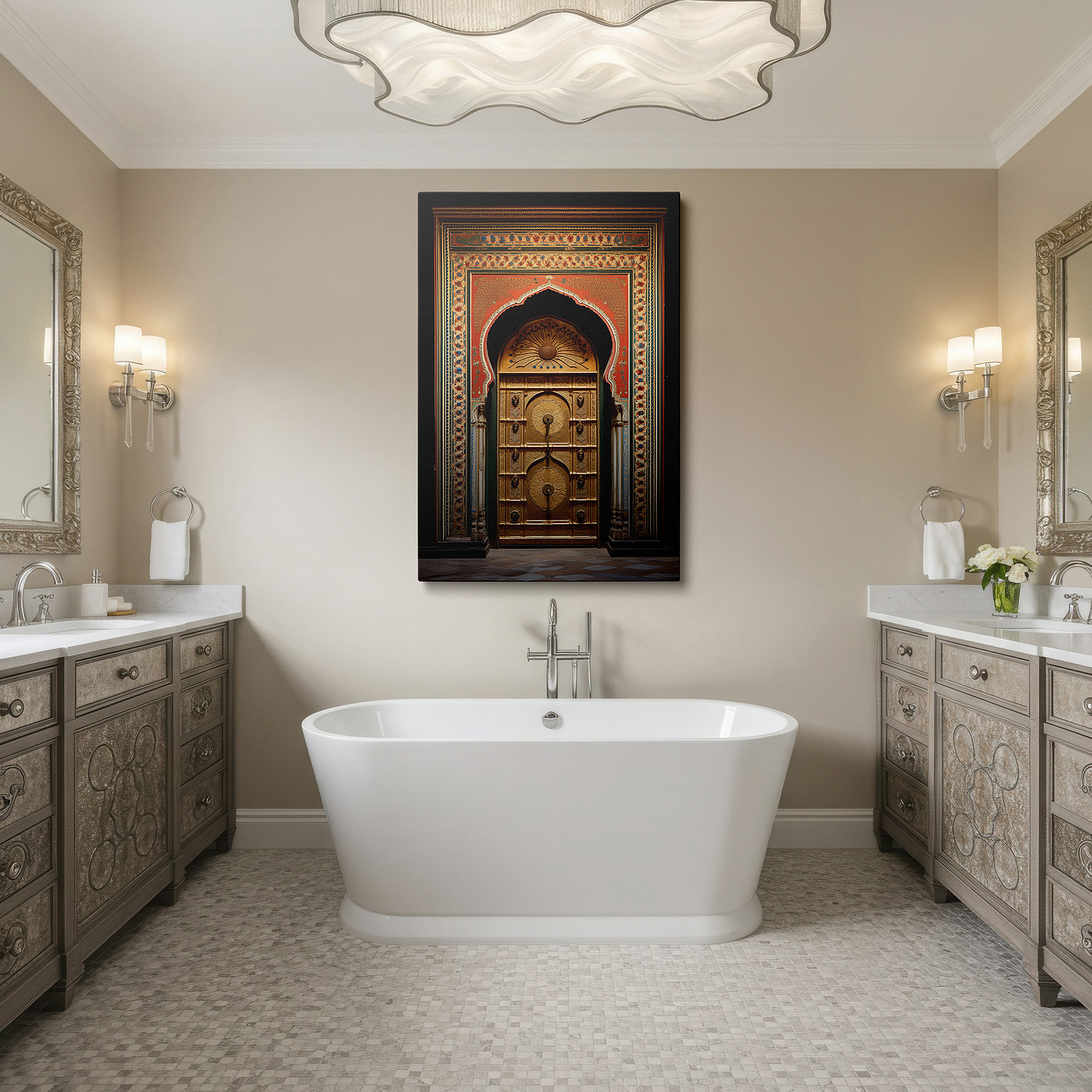 Aligned with a curated gallery wall of abstract artworks — explore cultural treasures with vibrant, historically inspired large wall art for offices and bedrooms