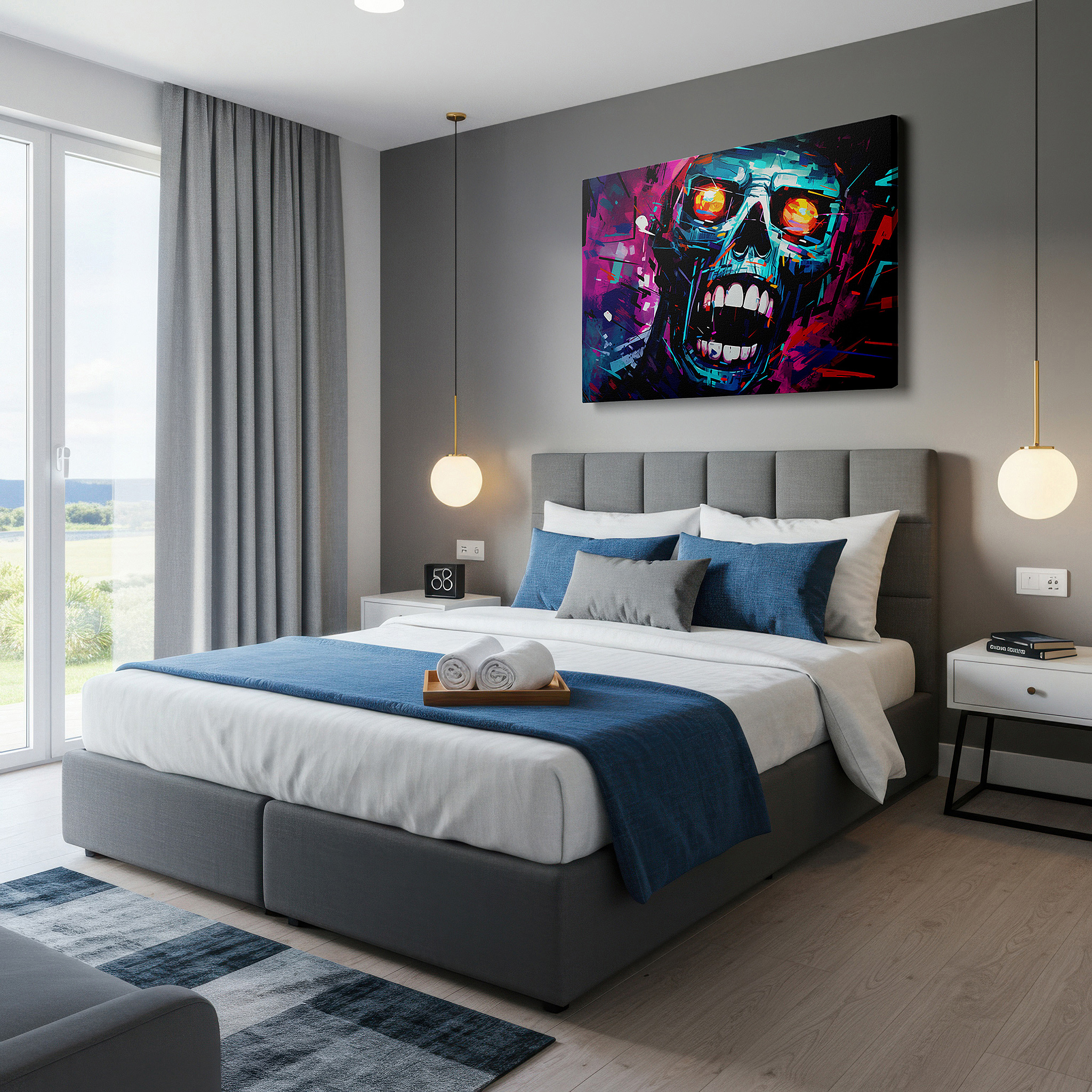 Aligned with a curated gallery wall of abstract artworks — fiery-eyed skull amidst a kaleidoscope of chaos wall art, canvas art for office, bedroom, and living room decor
