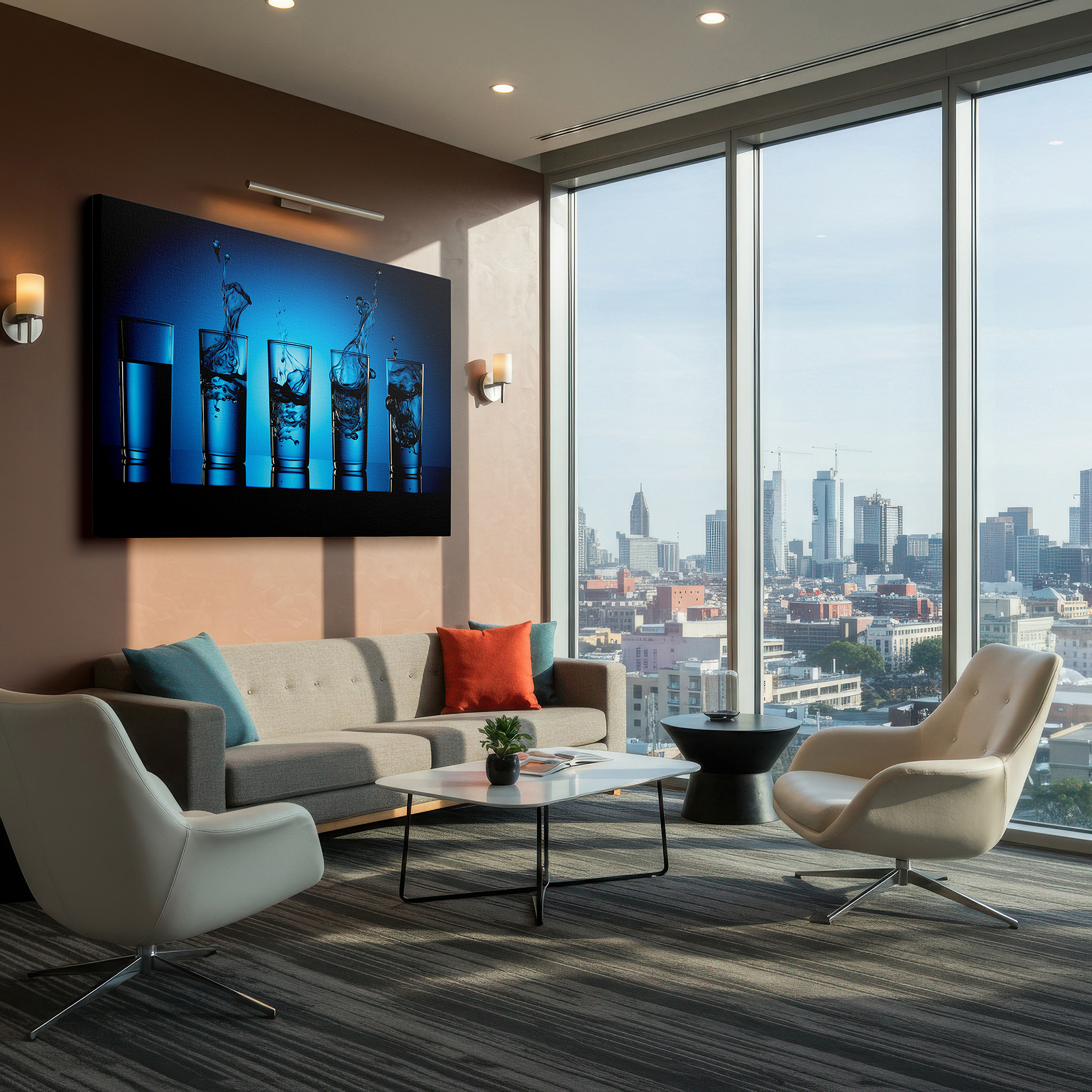 Aligned with a curated gallery wall of abstract artworks — fluid elegance in dynamic motion featuring splashing water and serene blue tones - large canvas wall art for office and bedroom decor