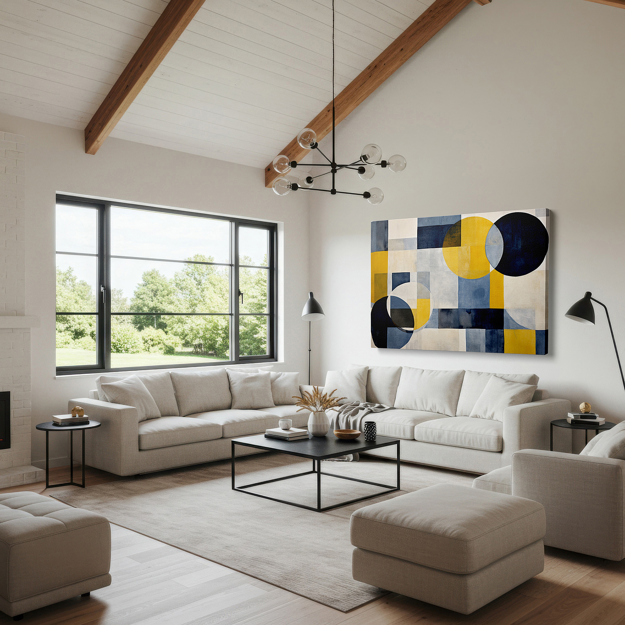 Aligned with a curated gallery wall of abstract artworks — geometric symphony in blues and yellows: large canvas wall art for office decor, balancing structure with spontaneity