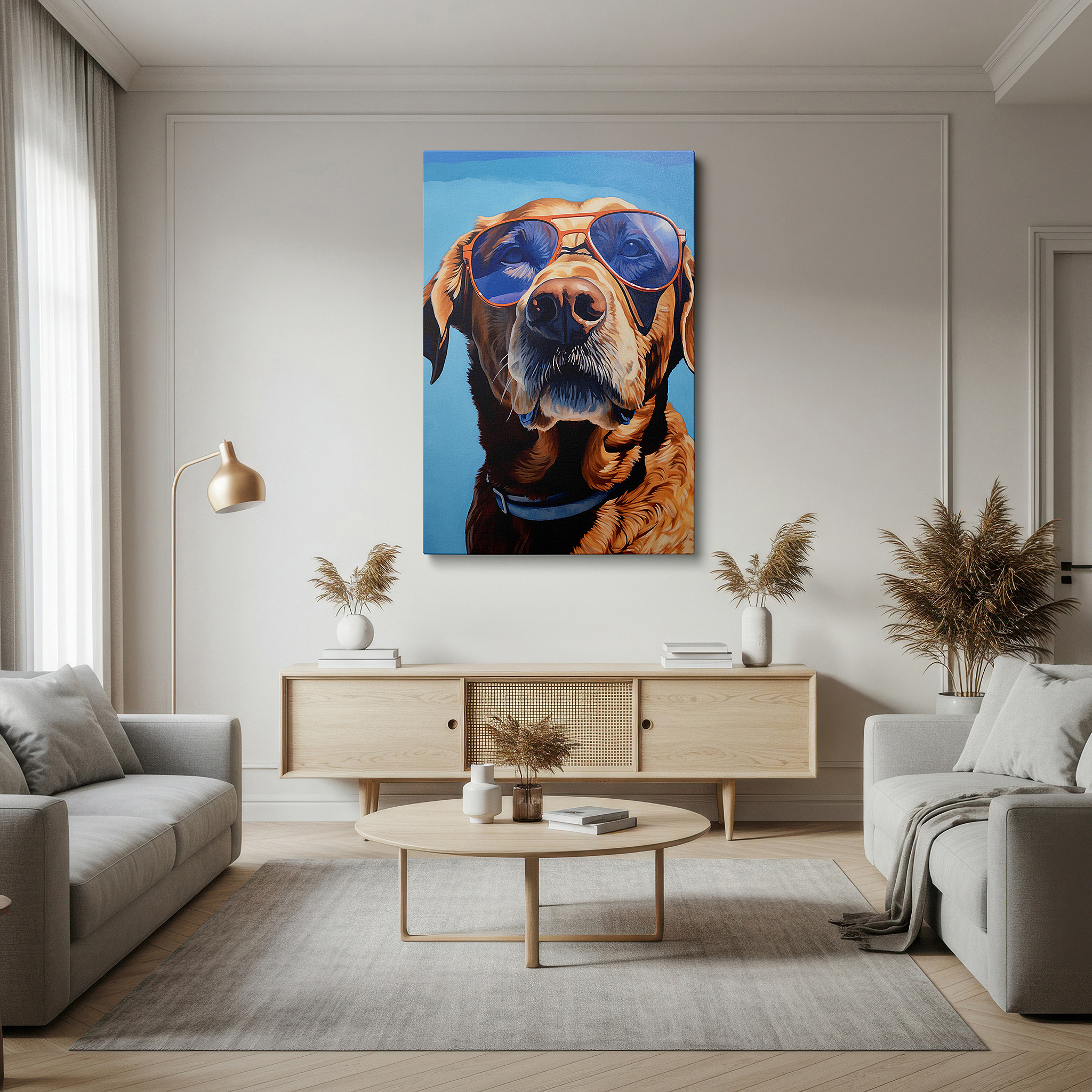 Aligned with a curated gallery wall of abstract artworks — golden retriever in sunglasses exudes summer bliss on a bright blue sky background - large wall art, canvas wall art, wall decor for office and bedroom