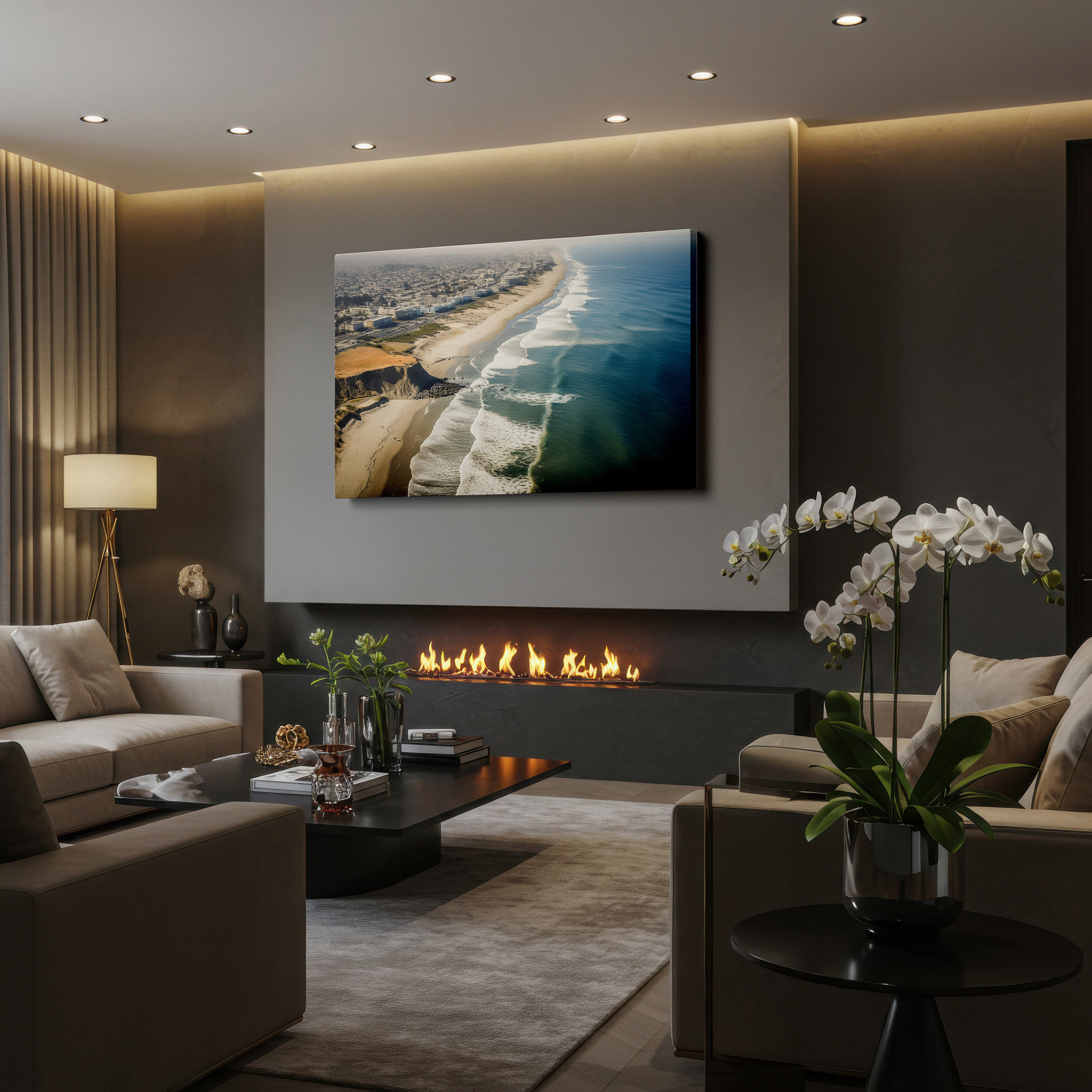 Aligned with a curated gallery wall of abstract artworks — golden sands and azure waves beneath majestic cliffs: a serene and adventurous coastal landscape - large canvas wall art for home and office decor