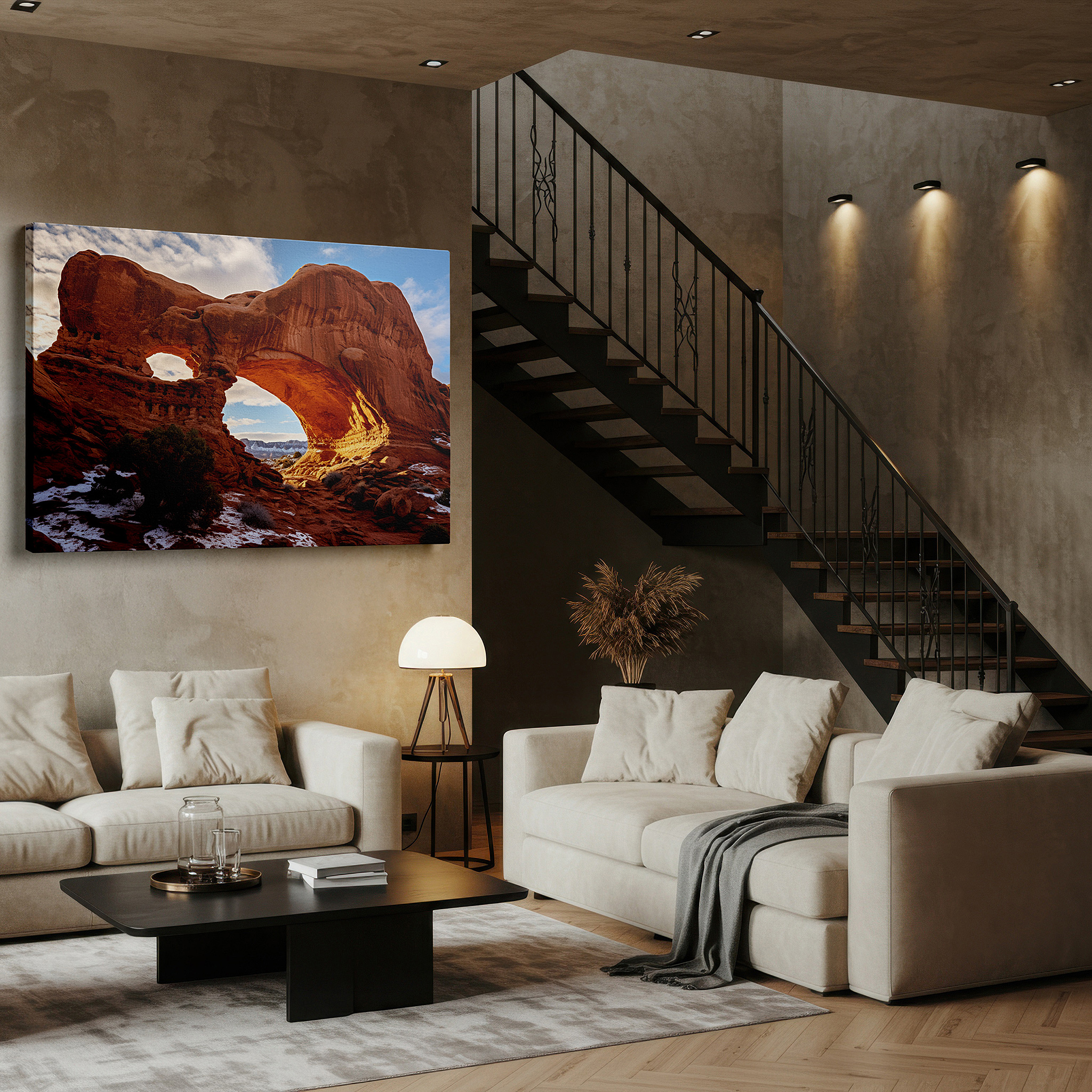 Aligned with a curated gallery wall of abstract artworks — golden sunlit majestic arches: windows to the world - large canvas wall art for office and bedroom decor