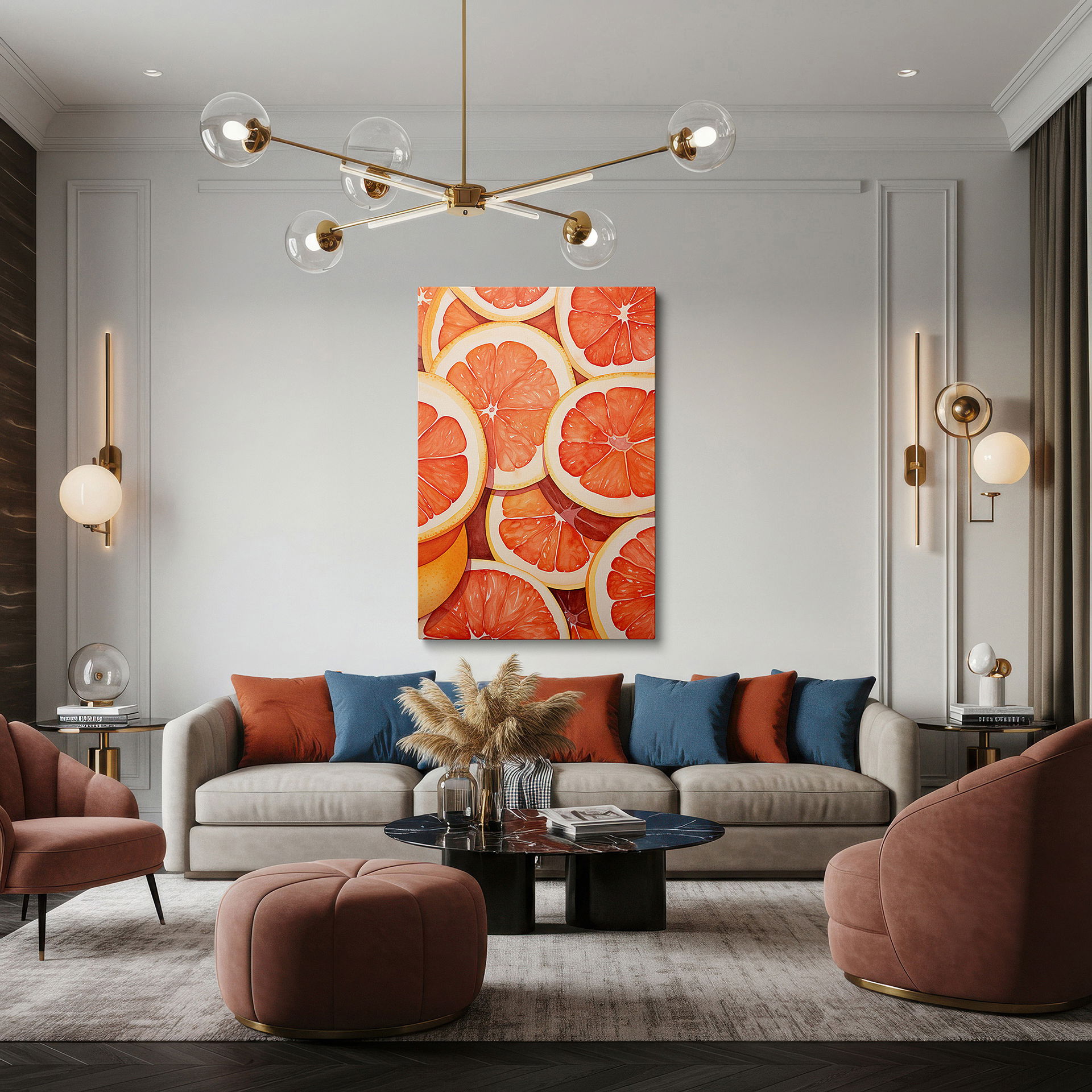Aligned with a curated gallery wall of abstract artworks — grapefruit slices wall art: experience freshness and vitality with dynamic colors - perfect for office or bedroom decor