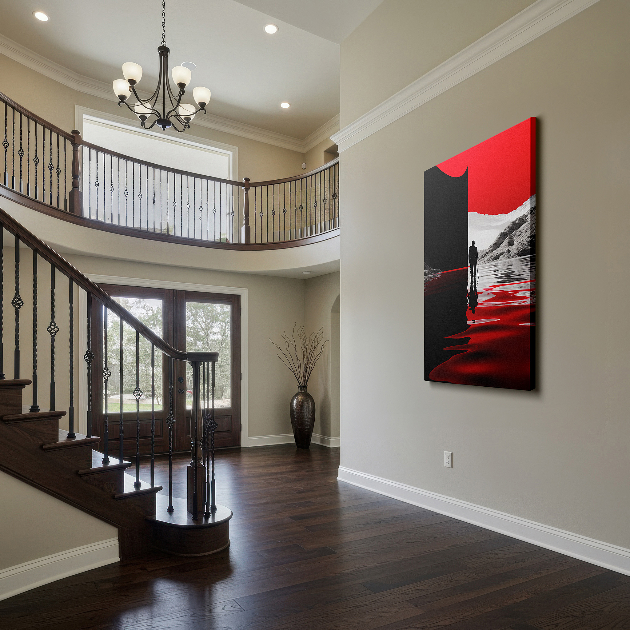 Aligned with a curated gallery wall of abstract artworks — at the intersection of passion and mystery, a lone figure contemplates life's decisions - large wall art, canvas wall art, wall decor for office