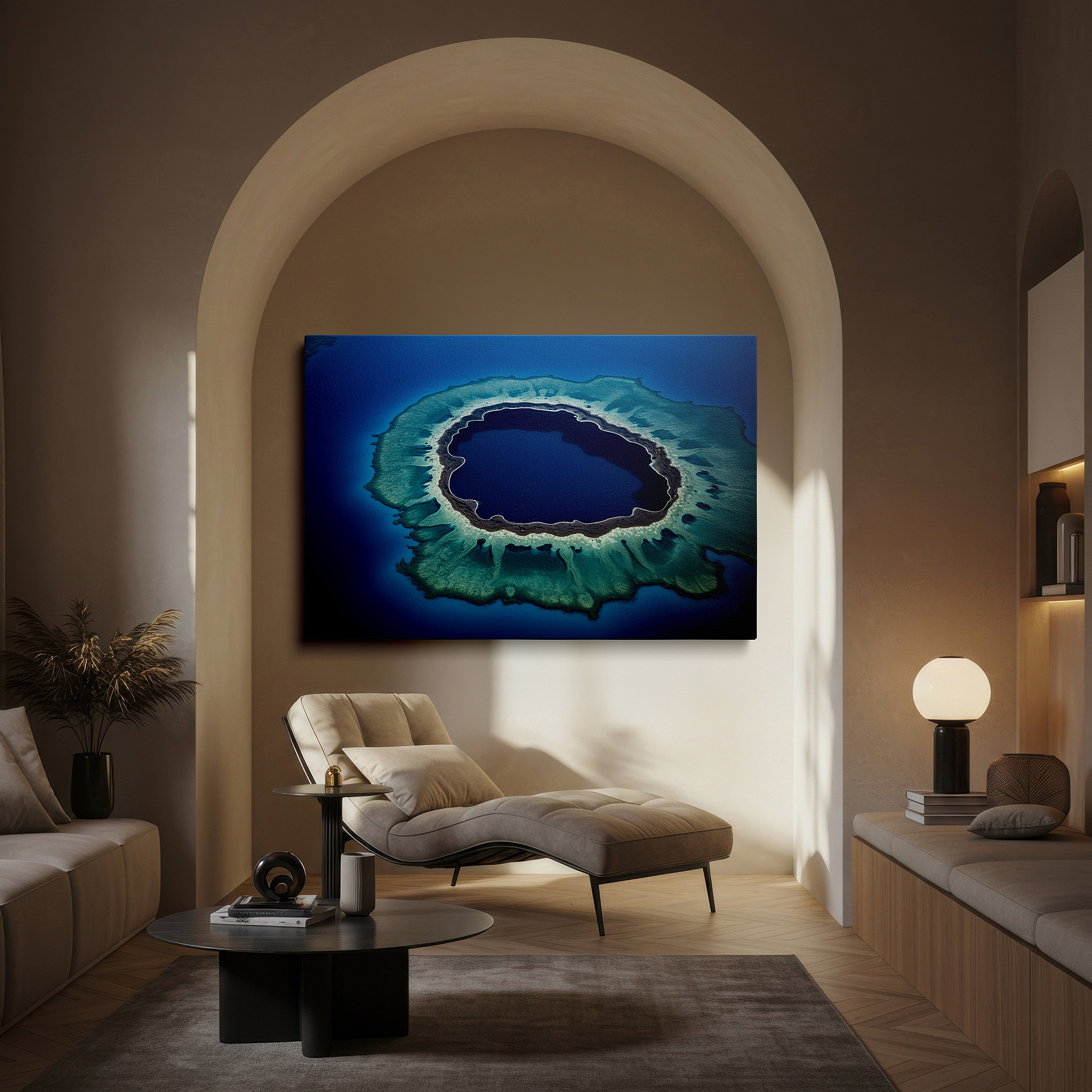 Aligned with a curated gallery wall of abstract artworks — lagoon aerial view: serene harmony of vivid coral, large canvas wall art for office decor