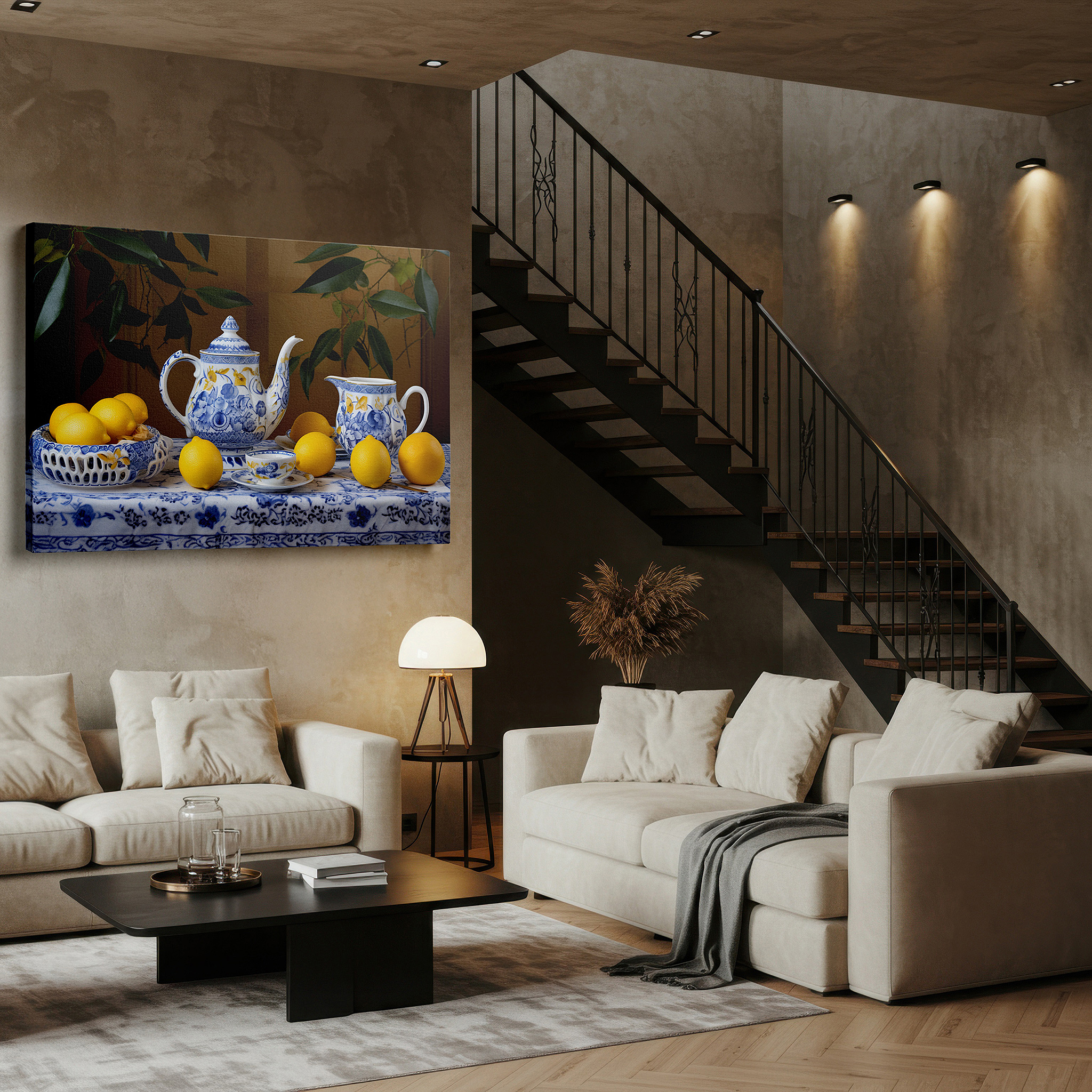 Aligned with a curated gallery wall of abstract artworks — luxurious tea set with bright lemons on an ornate tablecloth - celebrating hospitality and warmth, large wall art, canvas wall art, wall decor