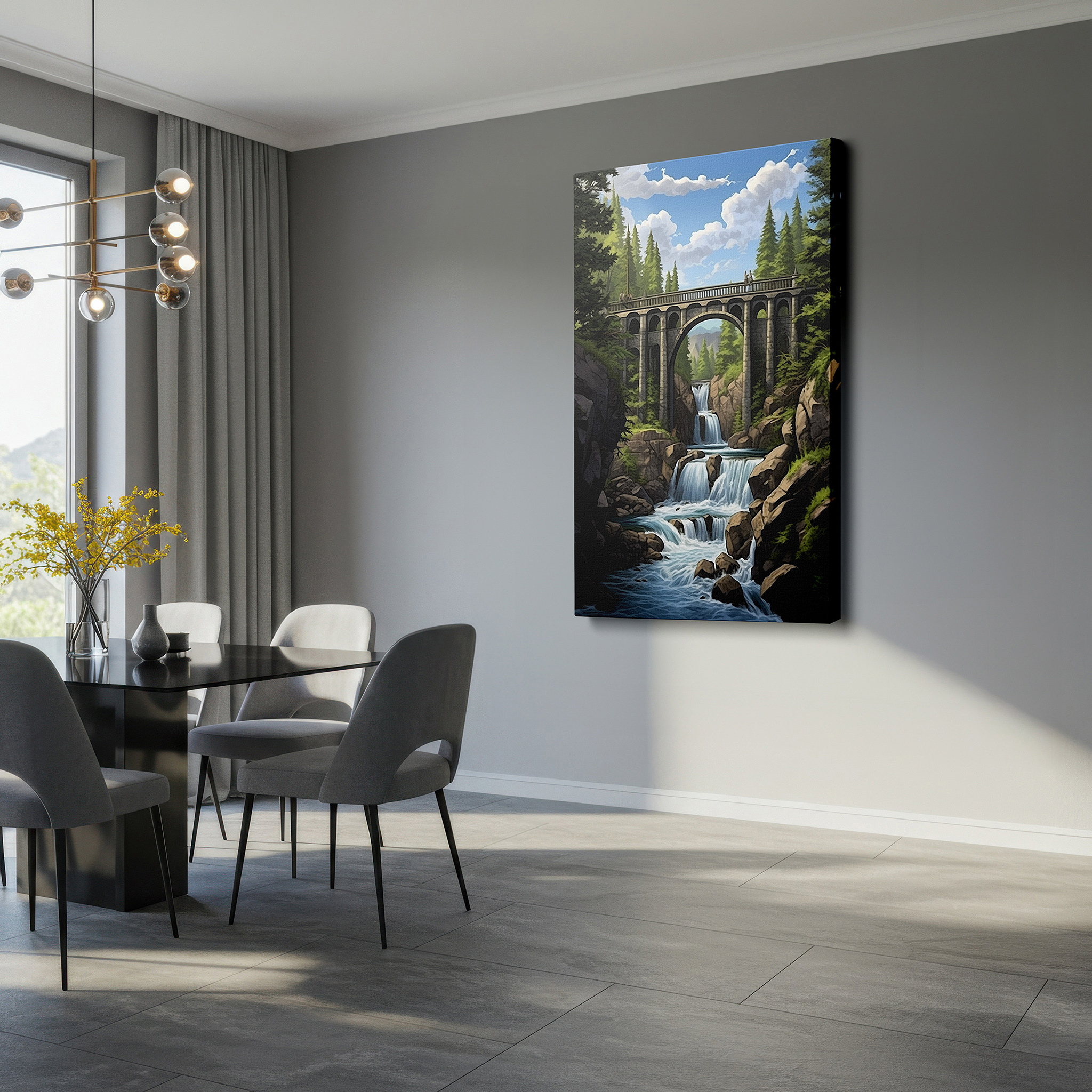 Aligned with a curated gallery wall of abstract artworks — majestic bridge and cascading waterfalls wall art, large canvas print, nature and craftsmanship themed office decor
