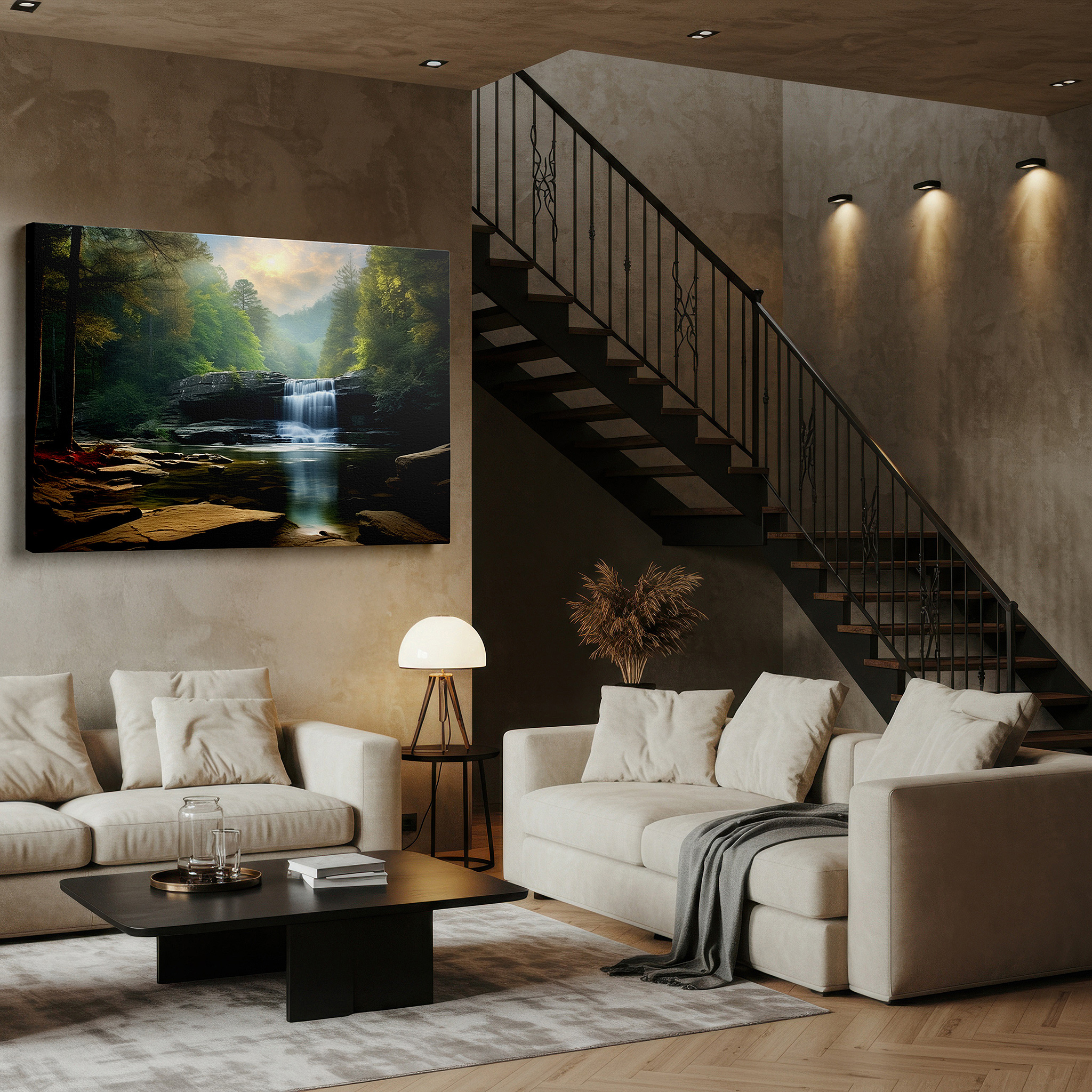 Aligned with a curated gallery wall of abstract artworks — majestic waterfall surrounded by verdant foliage, serene nature scene as large wall art, canvas wall art, wall decor for office and bedroom